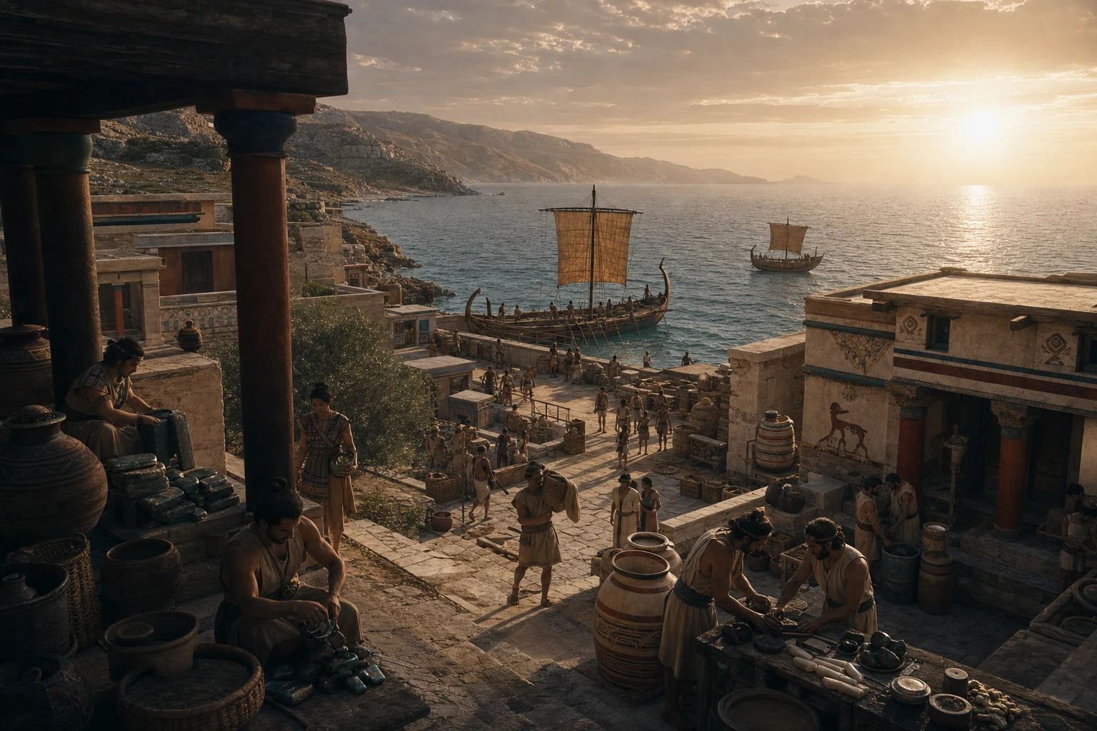 A Minoan harbour below a painted palace, with ships, jars and workshops facing the sea.