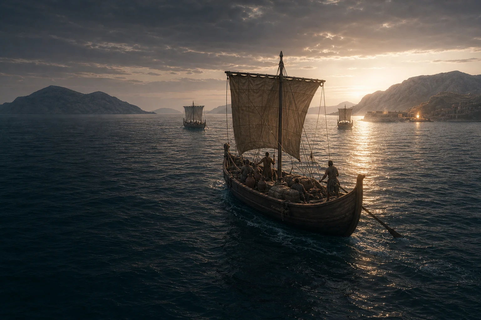 A convoy of Bronze Age sailing vessels crosses open blue water between distant headlands.