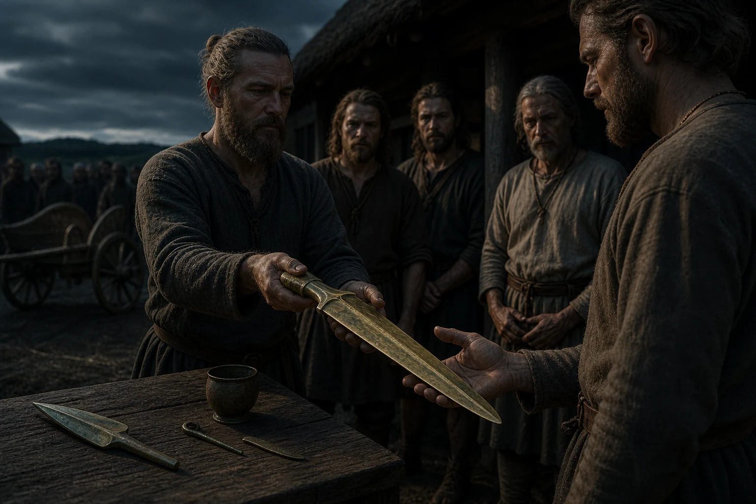 A Bronze Age smith presents a flange-hilt sword to an unarmoured warrior and his retinue.