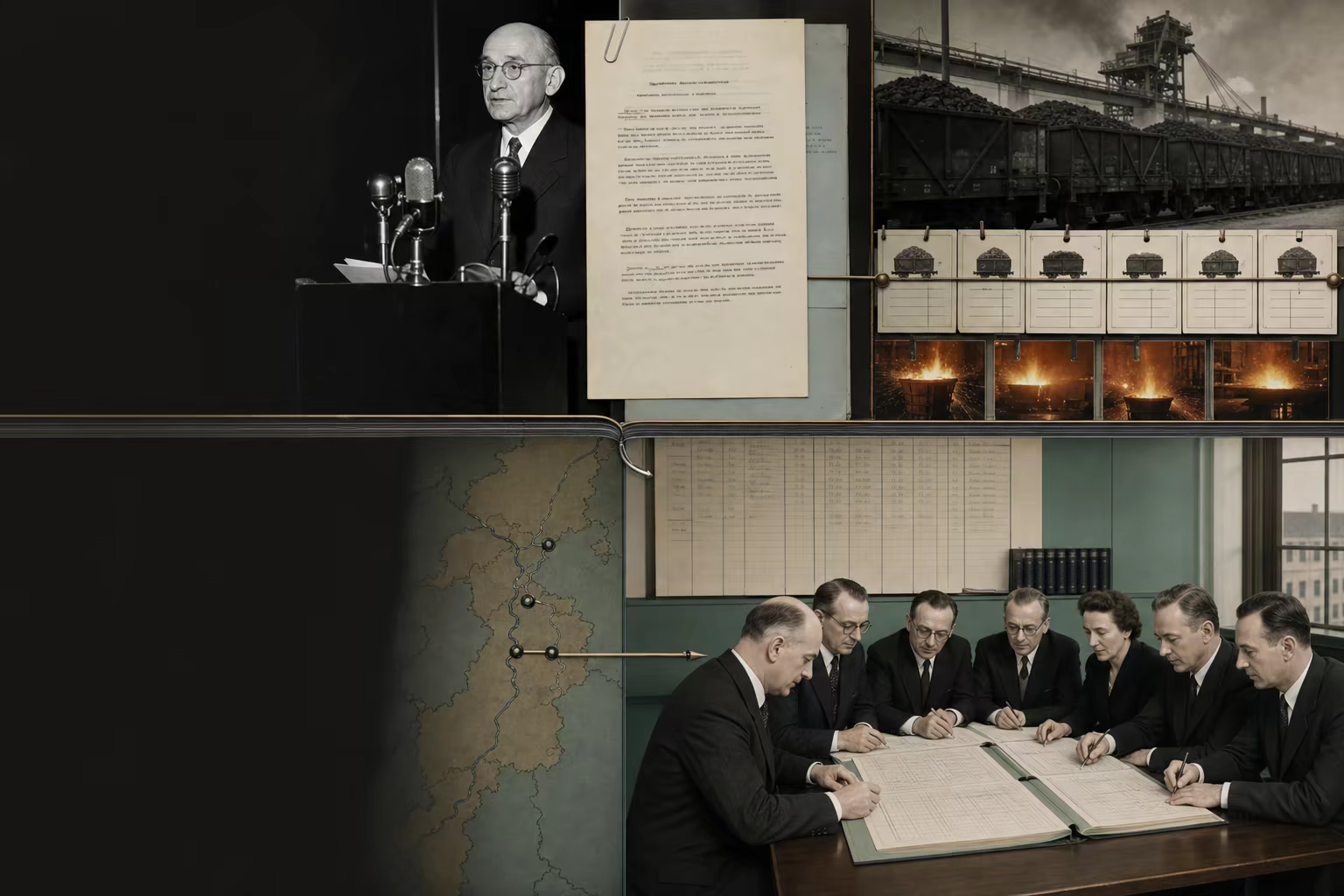 The Schuman Declaration typescript, a Ruhr production card and a Luxembourg High Authority ledger align across one documentary table.