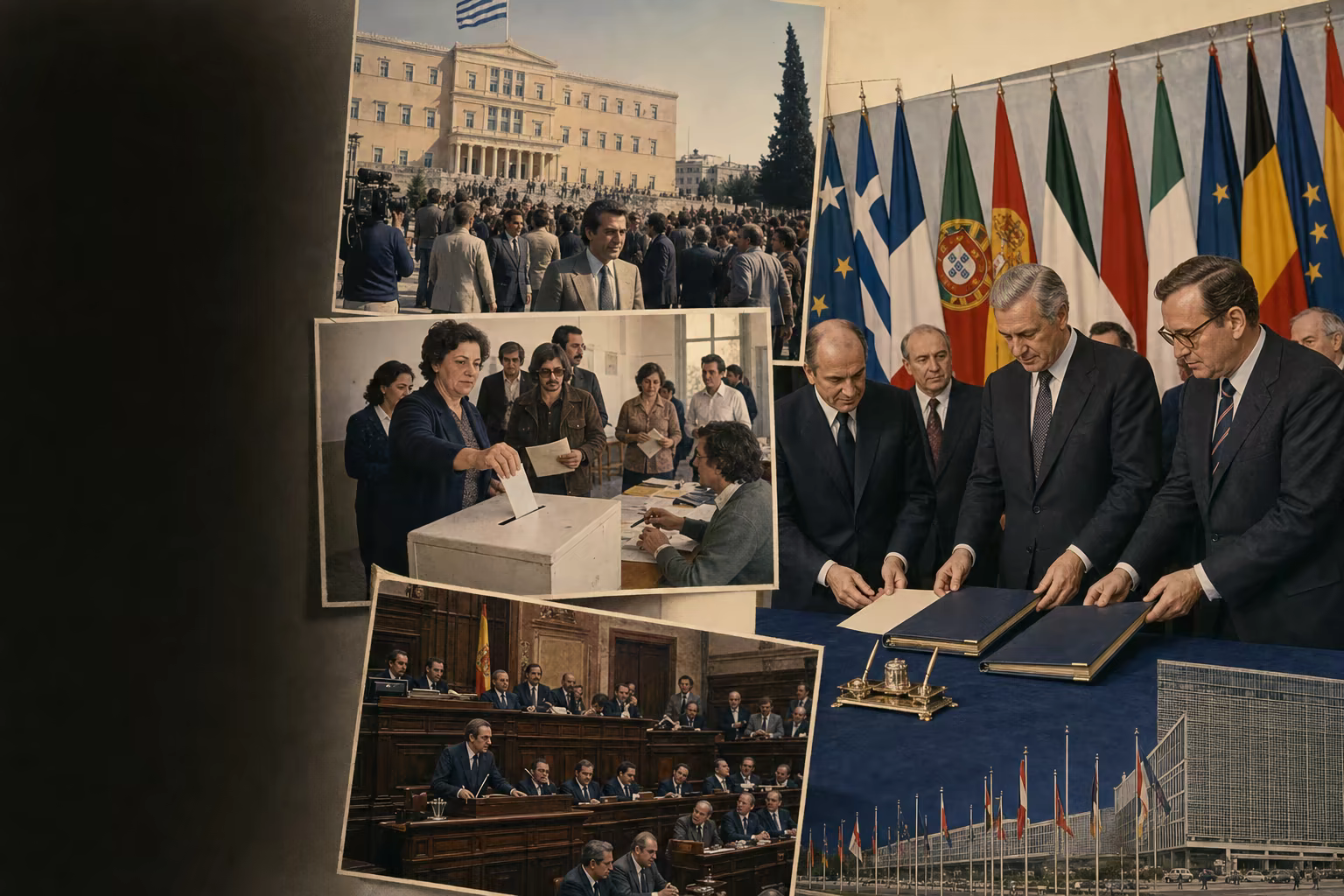 Civic scenes from the Greek parliament, a Portuguese ballot and the Spanish Cortes align with the 1981 and 1986 accession instruments.
