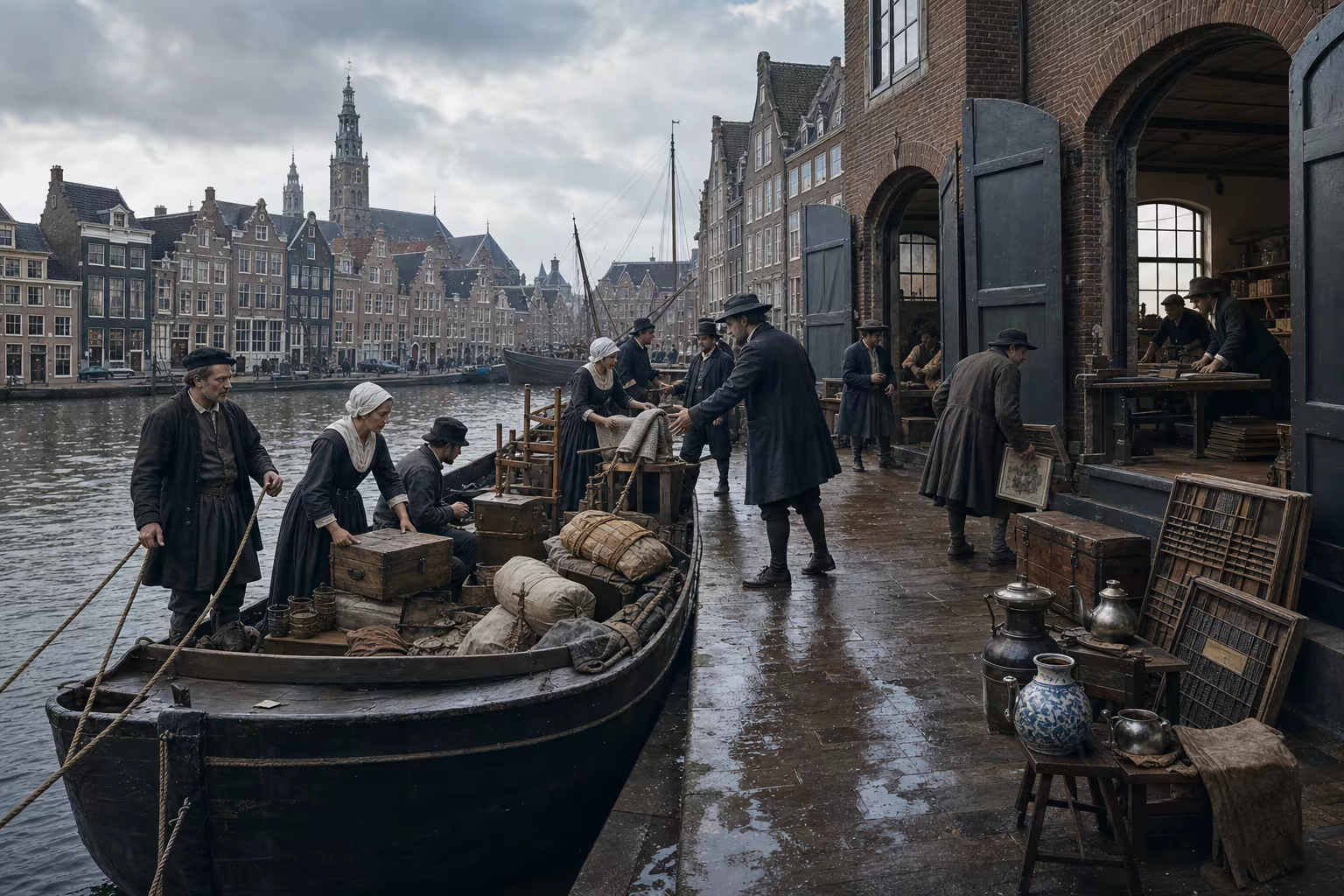 Named merchant ledgers, textile tools, type cases and engraving plates travel by barge from Antwerp toward workshops in Amsterdam, Leiden and Haarlem.