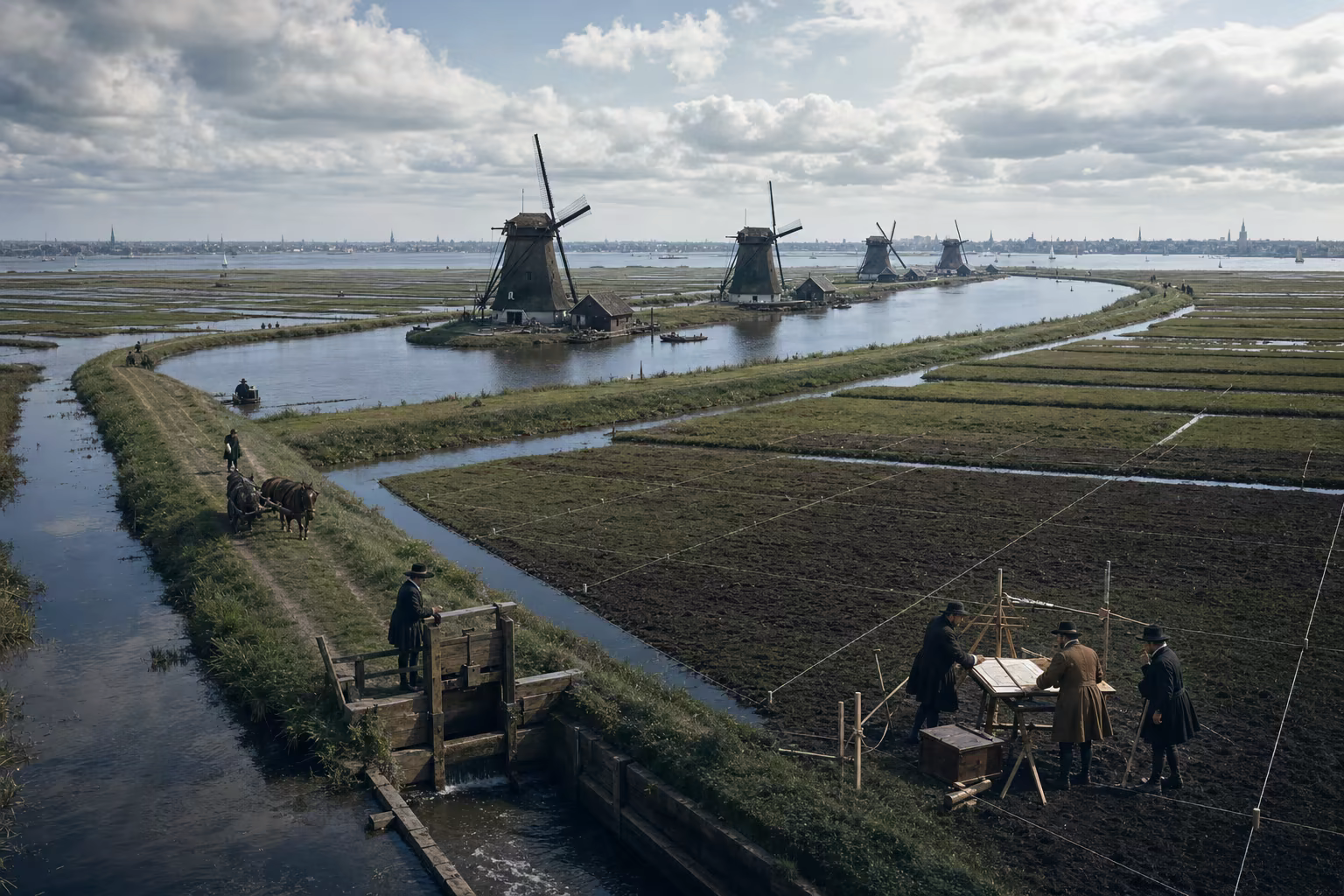 The Beemster plan emerges as staged windmills lift water over a ring dike and survey lines divide the dry lake floor into roads, canals and farms.