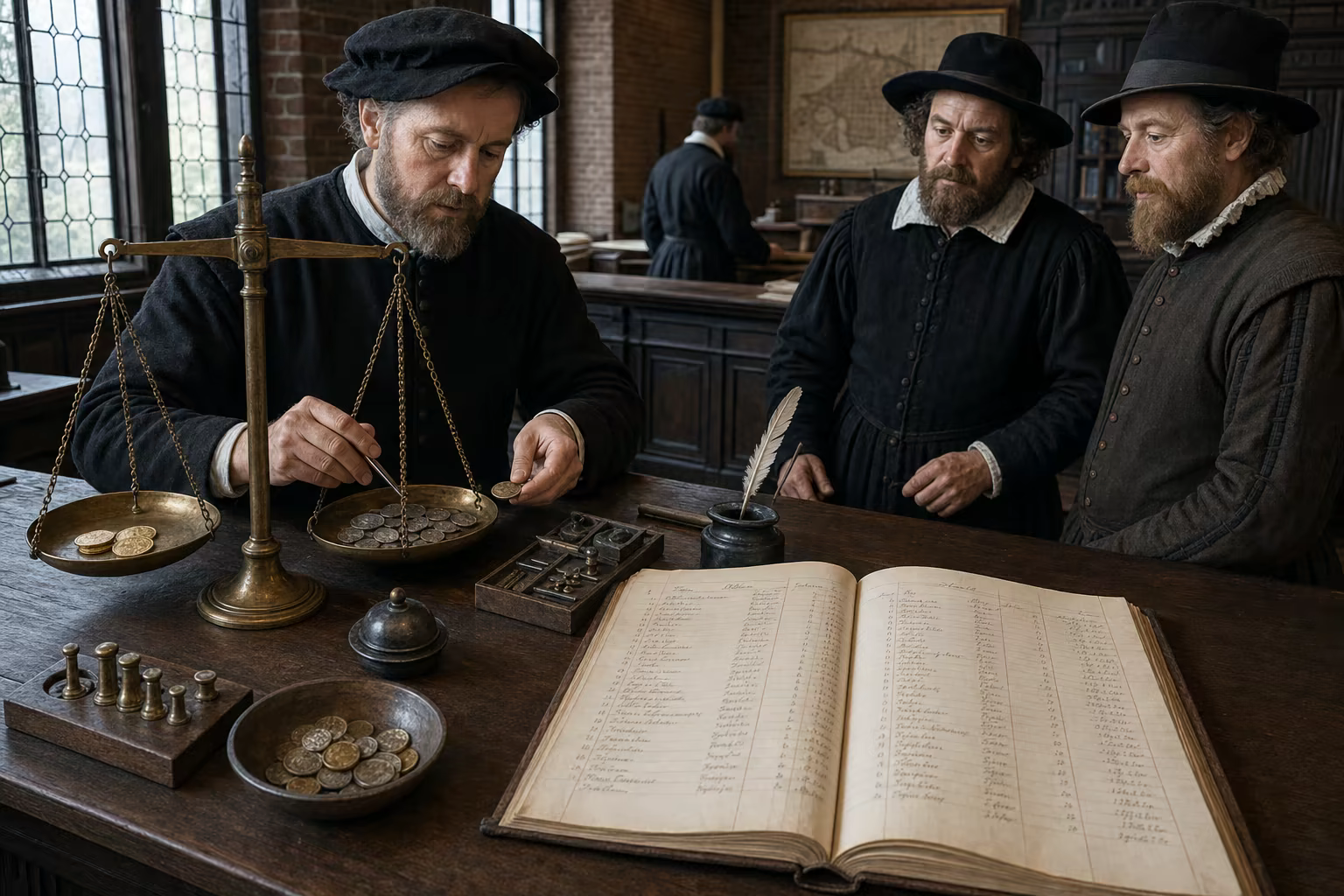 Assayed European coins settle on a balance beside the Amsterdam Wisselbank ledger, where one payment appears as matched debit and credit entries.