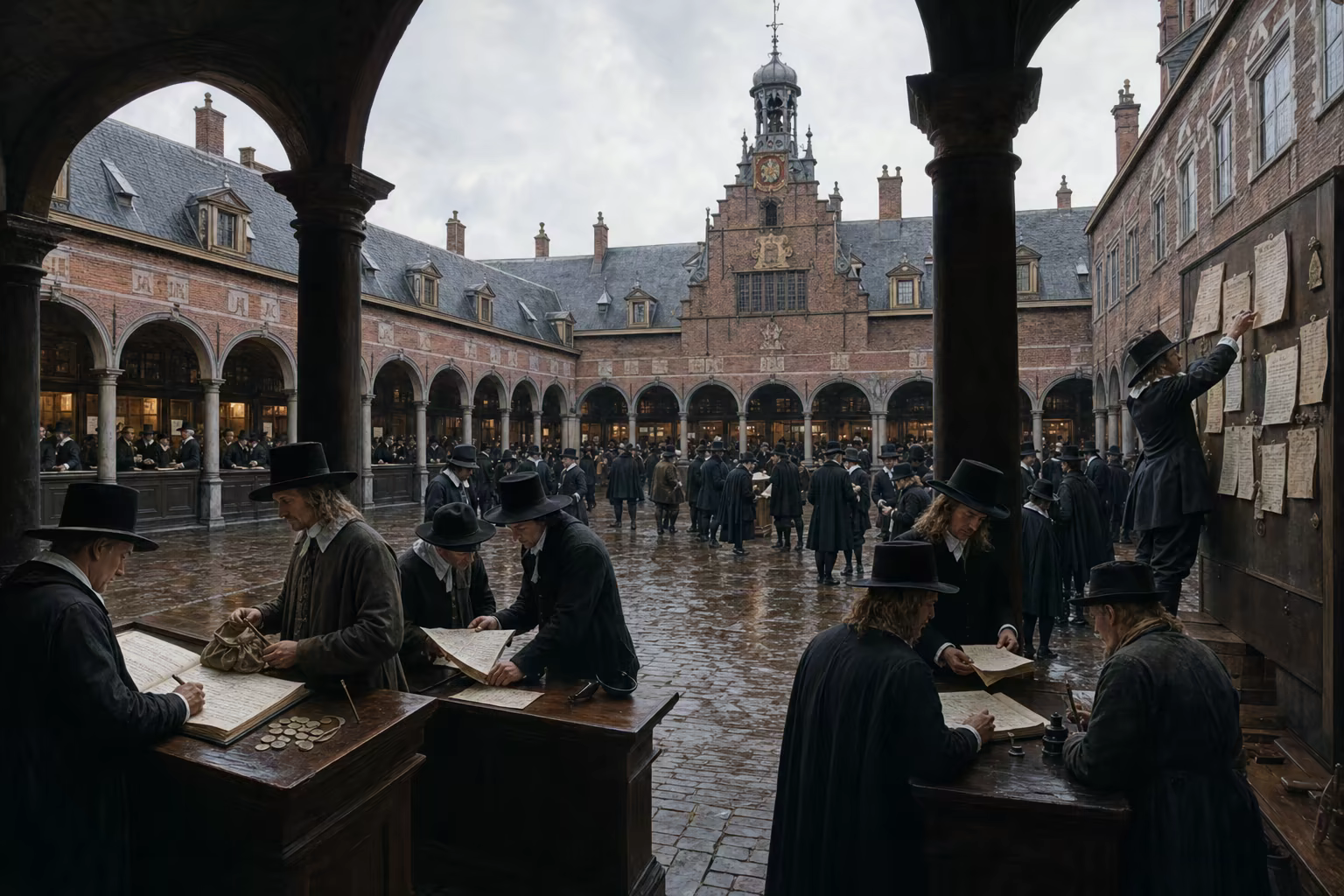 Amsterdam's arcaded exchange holds a coin packet, Hamburg bill, VOC transfer and shipping notice at four connected stations around the crowded court.