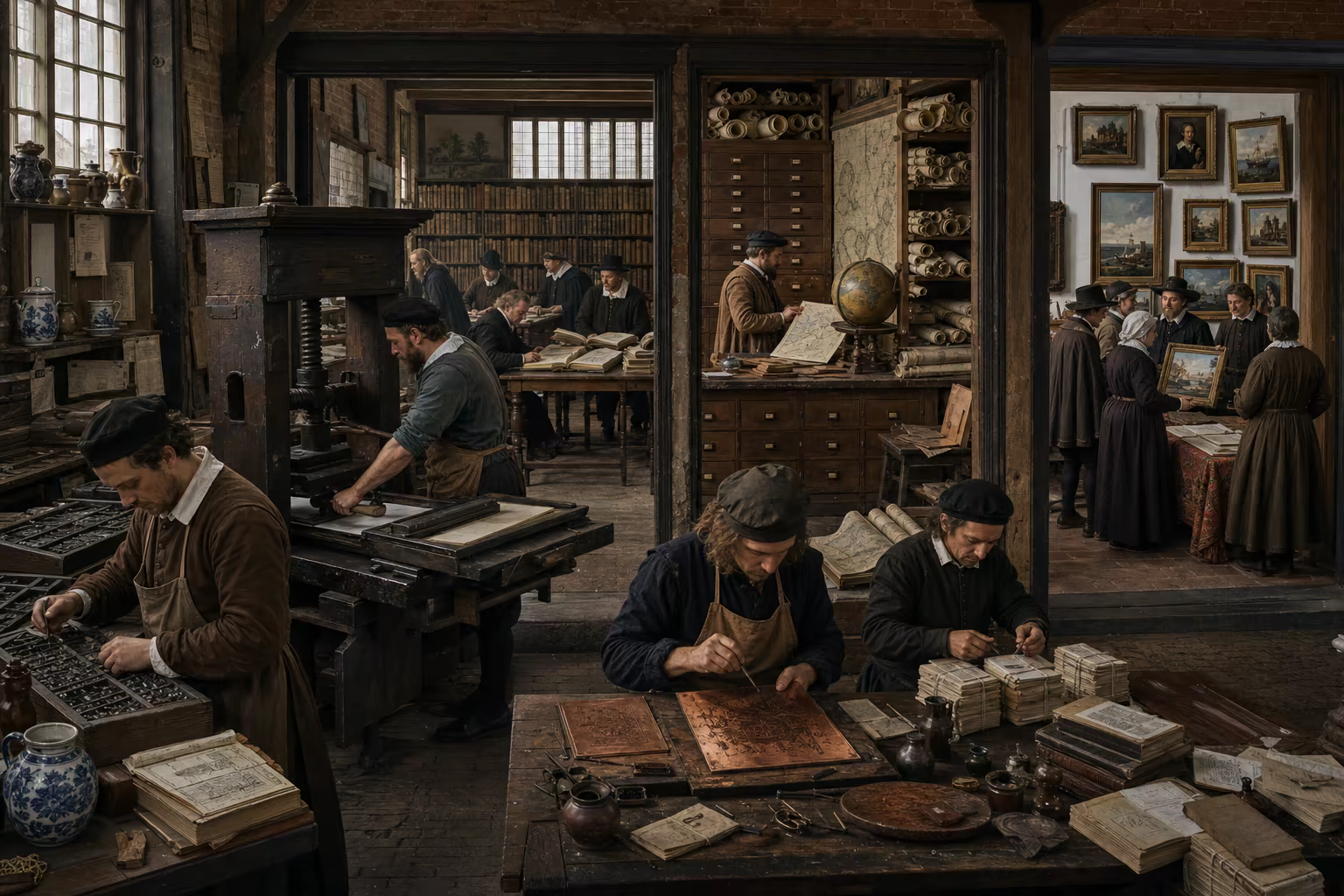 An Amsterdam print shop opens toward a Leiden library, Blaeu map cabinet and domestic picture sale, with authenticated pages and plates at each station.
