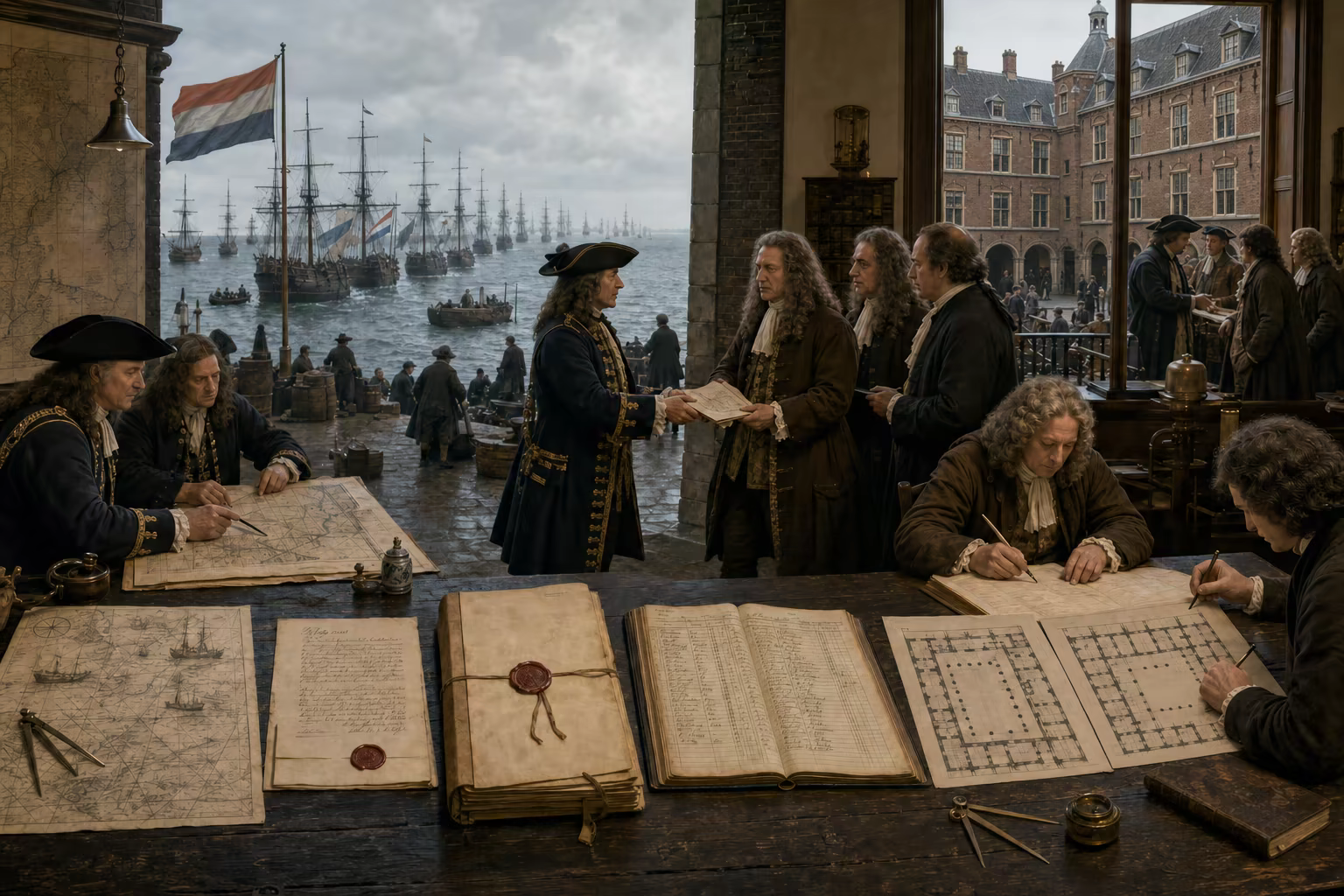 A Dutch convoy route reaches an English parliamentary document and the 1694 Bank of England ledger, linking the Amsterdam and London exchange floors.