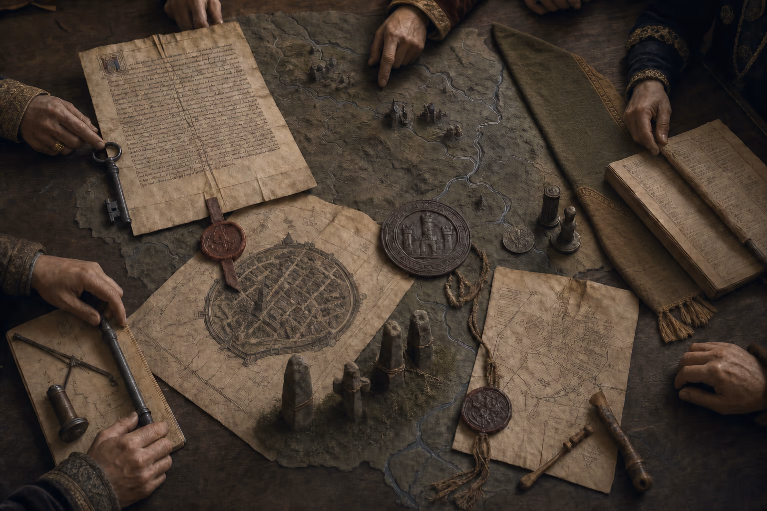 A relief map of central Europe is assembled from an abbey charter, a city seal, a princely toll record and local boundary marks.