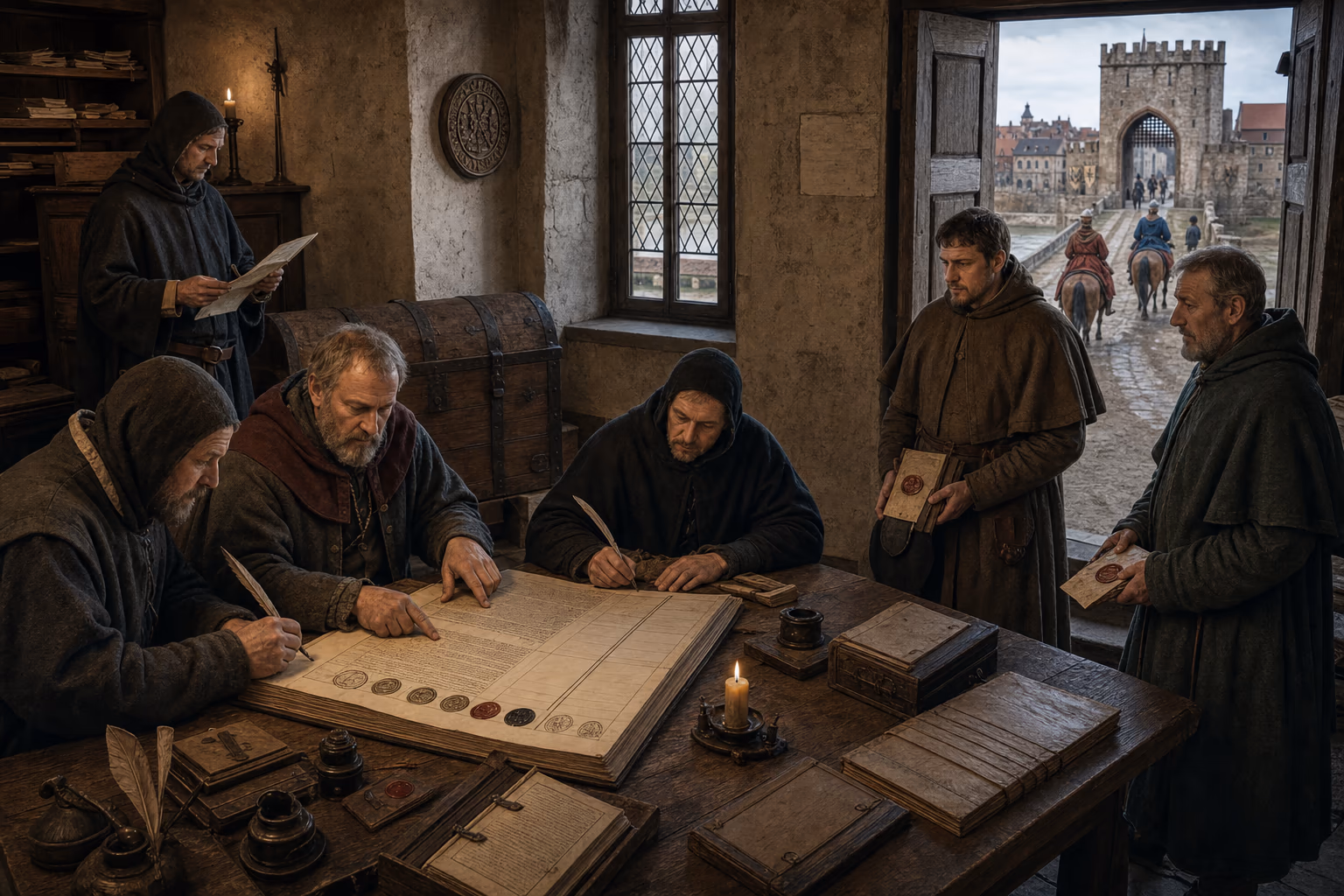 Clerks copy a Magdeburg law book as its ruled margin extends toward distinct town gates and seals across central and eastern Europe.