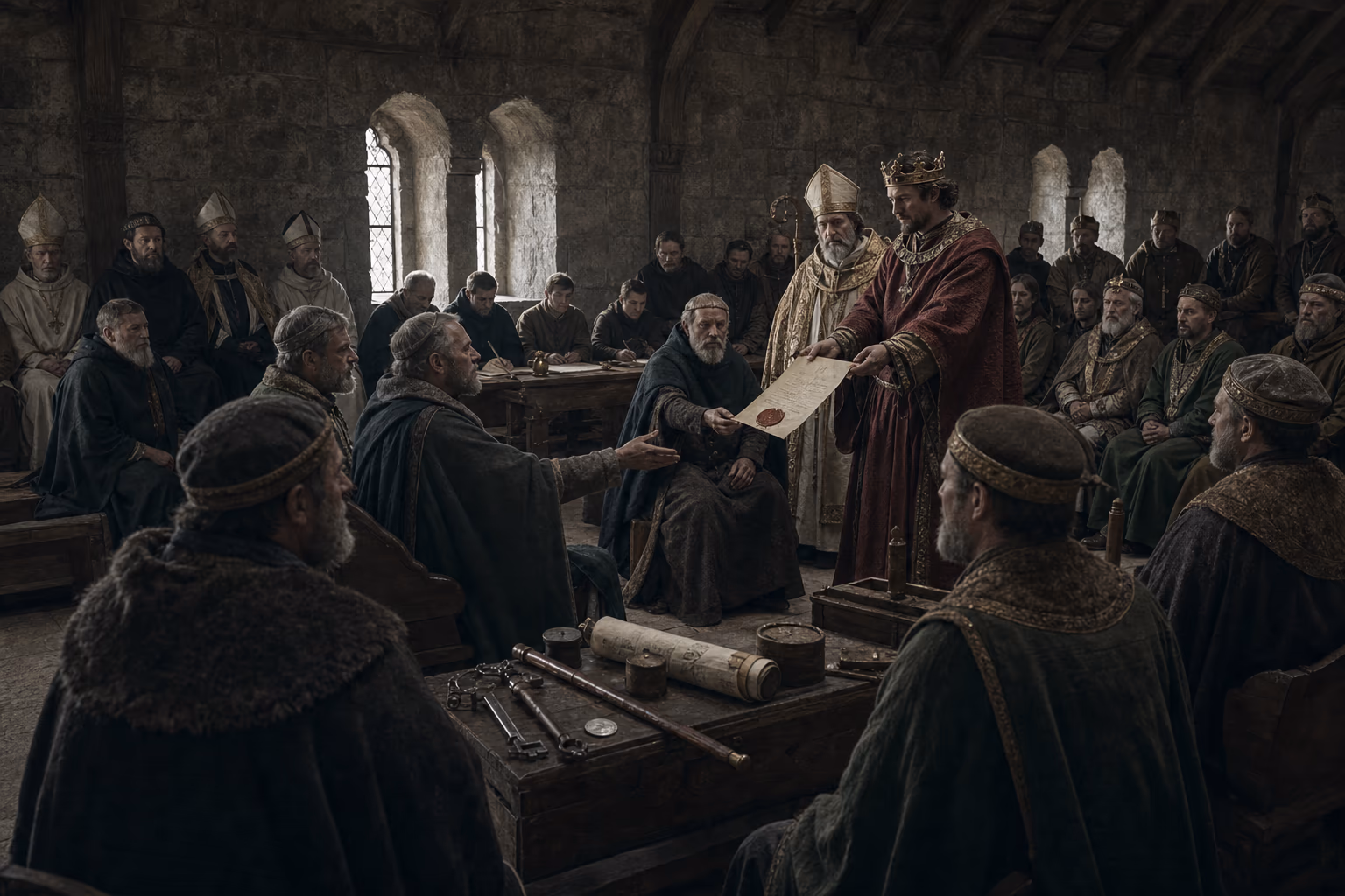 Frederick II presents a sealed charter to spiritual and temporal princes beside a mint die, toll book, court staff and fortification plan.