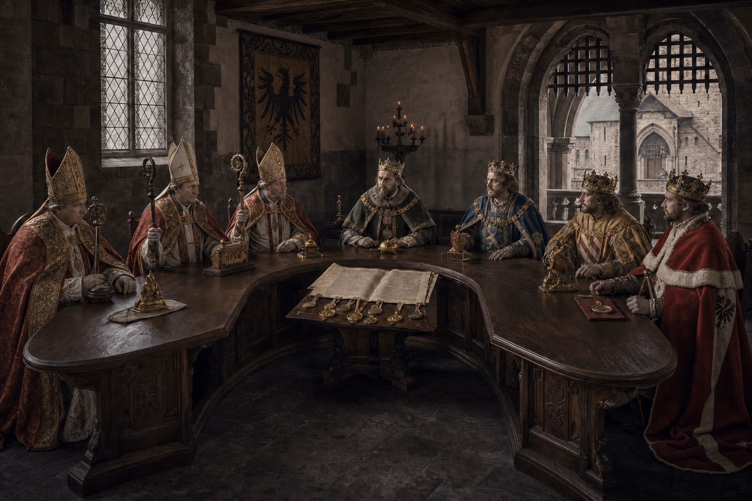 Three archbishops and four temporal electors occupy ranked places around a horseshoe table with the Golden Bull open before them.