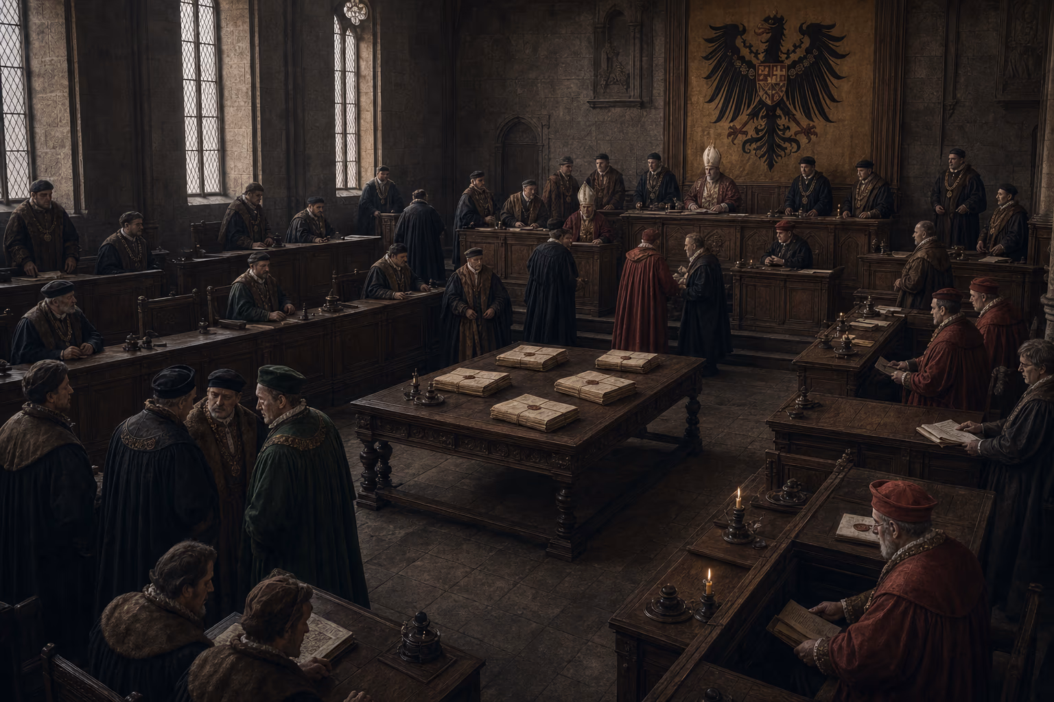 Electors, princes, prelates and city envoys take their unequal places on stepped oak benches as document bundles reach the central table.