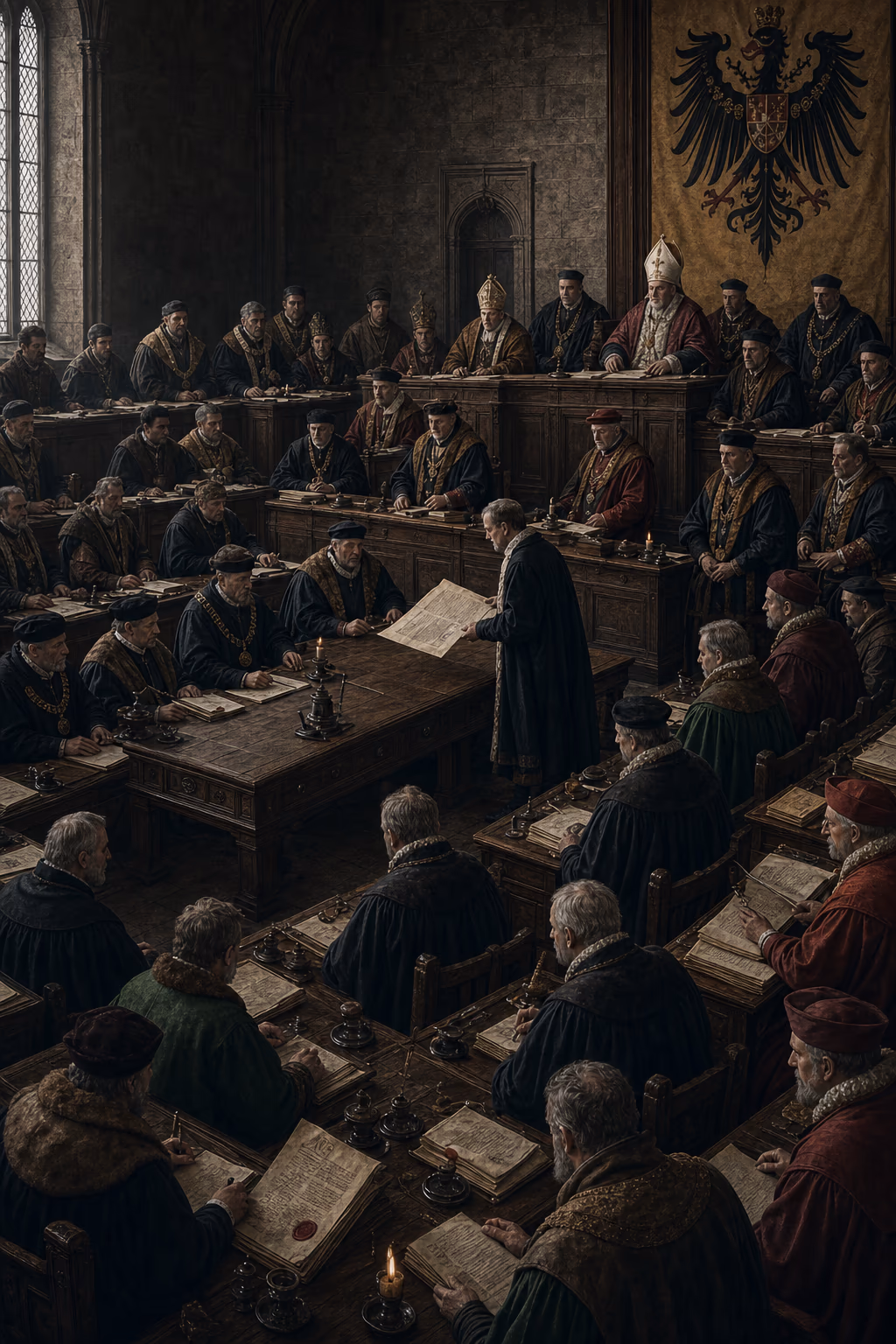 The 1495 Diet deliberates around the Perpetual Public Peace while separate estate papers converge on a central table and weapons remain at the door.
