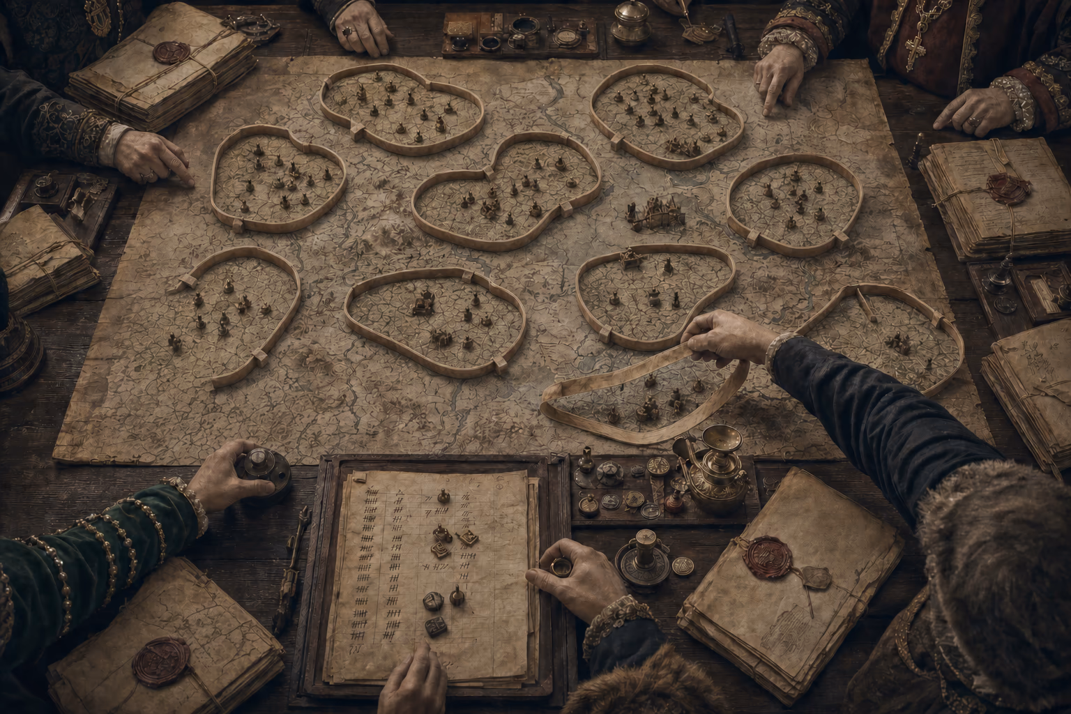 Documentary loops trace the Imperial Circles across a relief map while a contingent list, coin inspection and court order open beside one region.