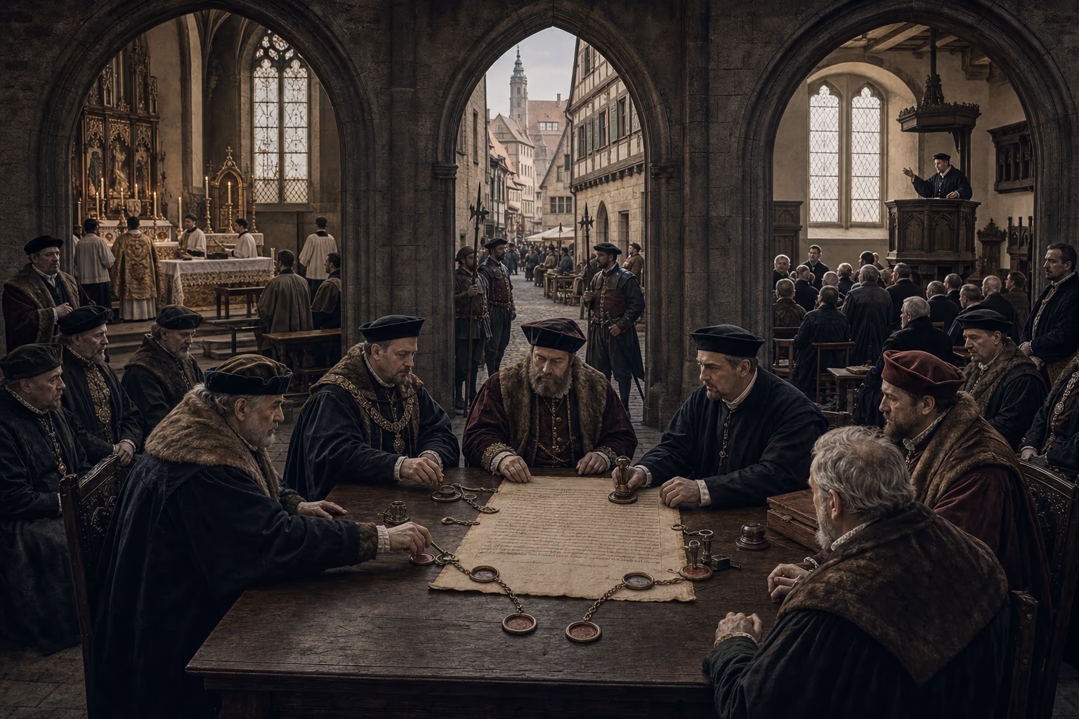 Catholic and Lutheran worship remain distinct behind the signed Peace of Augsburg as one guarded civic road continues between them.