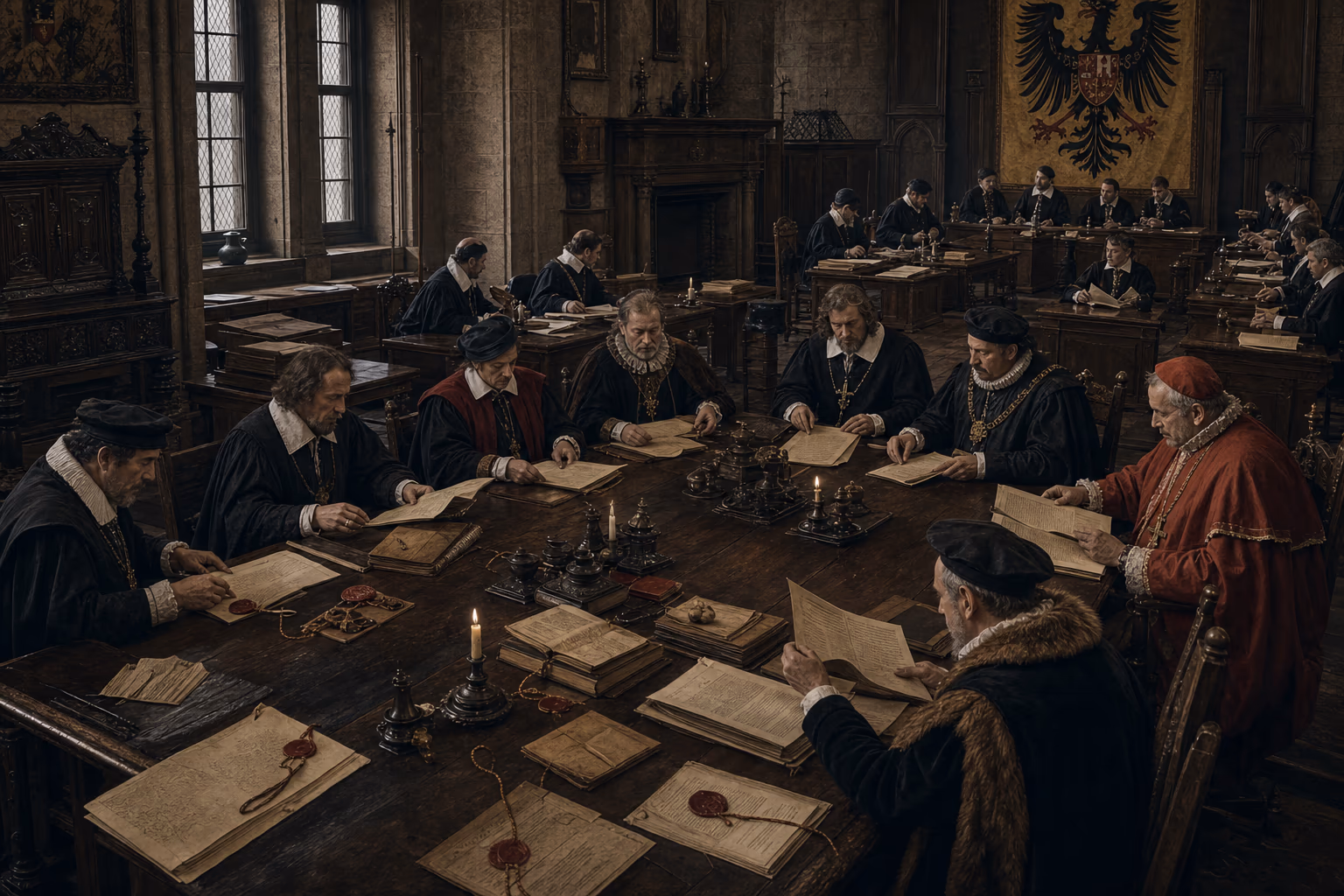 Treaty packets from Münster and Osnabrück lie open in a Regensburg chamber where confessional, estate and institutional clauses remain distinct.