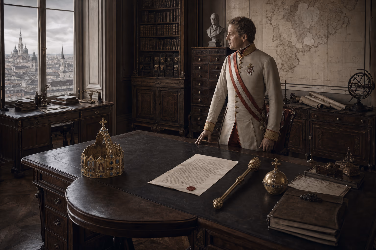 Francis II’s abdication declaration and the imperial crown rest on a Vienna desk while active city halls, courts and archives remain visible across the map.