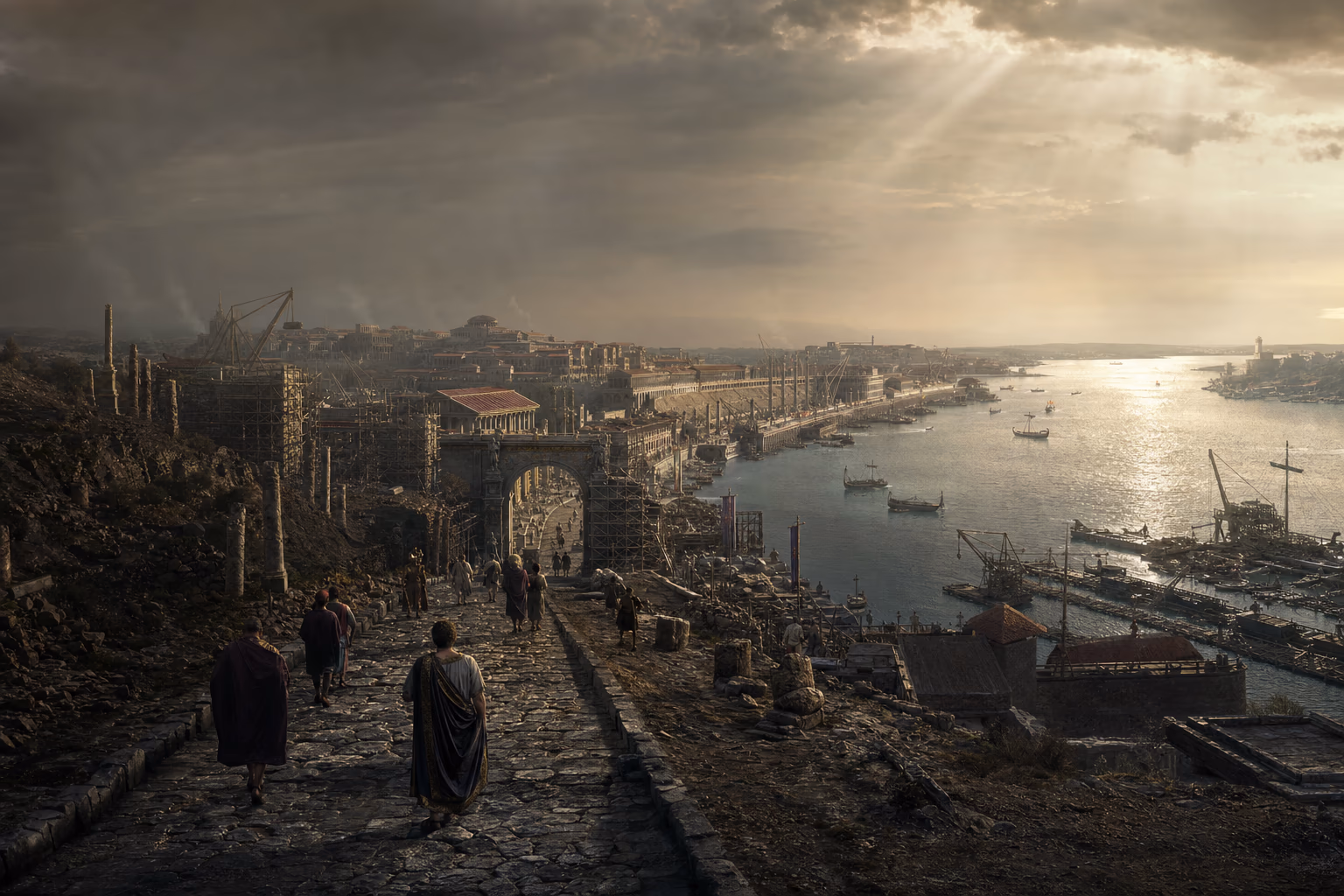 Constantine’s new capital rises above the Bosporus with scaffolded forums, palace roofs, harbour works and the Hippodrome.