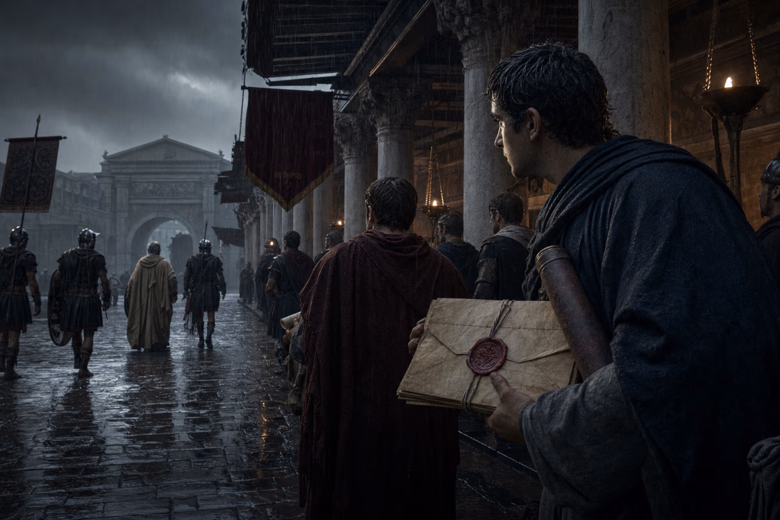 Messengers carry rival creeds through a rain-dark Roman way station while an exiled bishop departs under military guard.