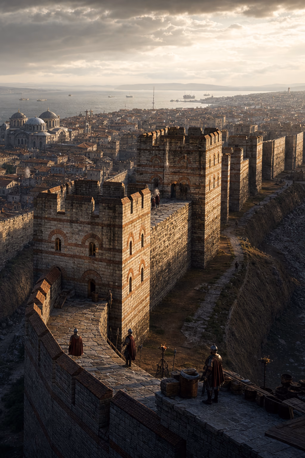 The Theodosian walls rise in layered stone and brick above Constantinople as aqueducts, domes, harbours and crowded streets fill the peninsula.