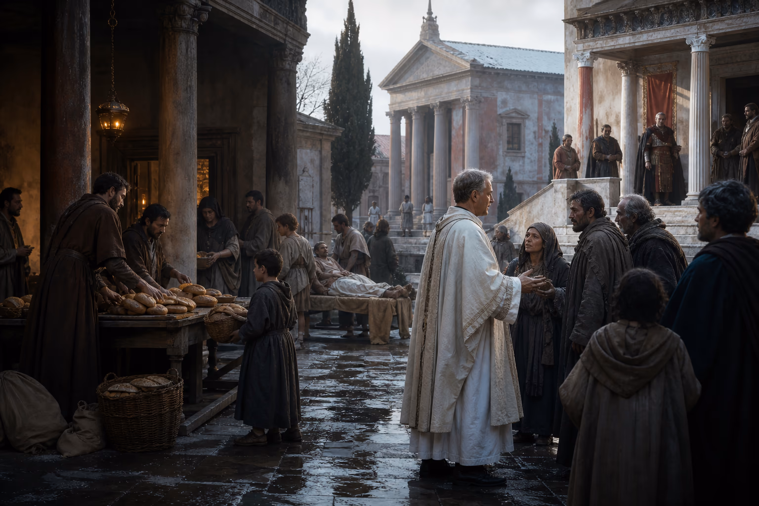 A late Roman bishop crosses a city square between a hospital, a bread distribution and the governor’s portico as citizens bring petitions.