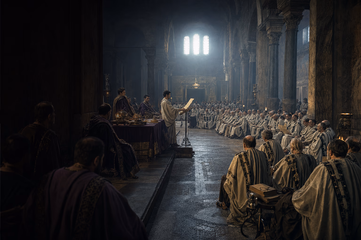 Roman officials and hundreds of bishops hear the Christological definition read aloud in the church at Chalcedon.