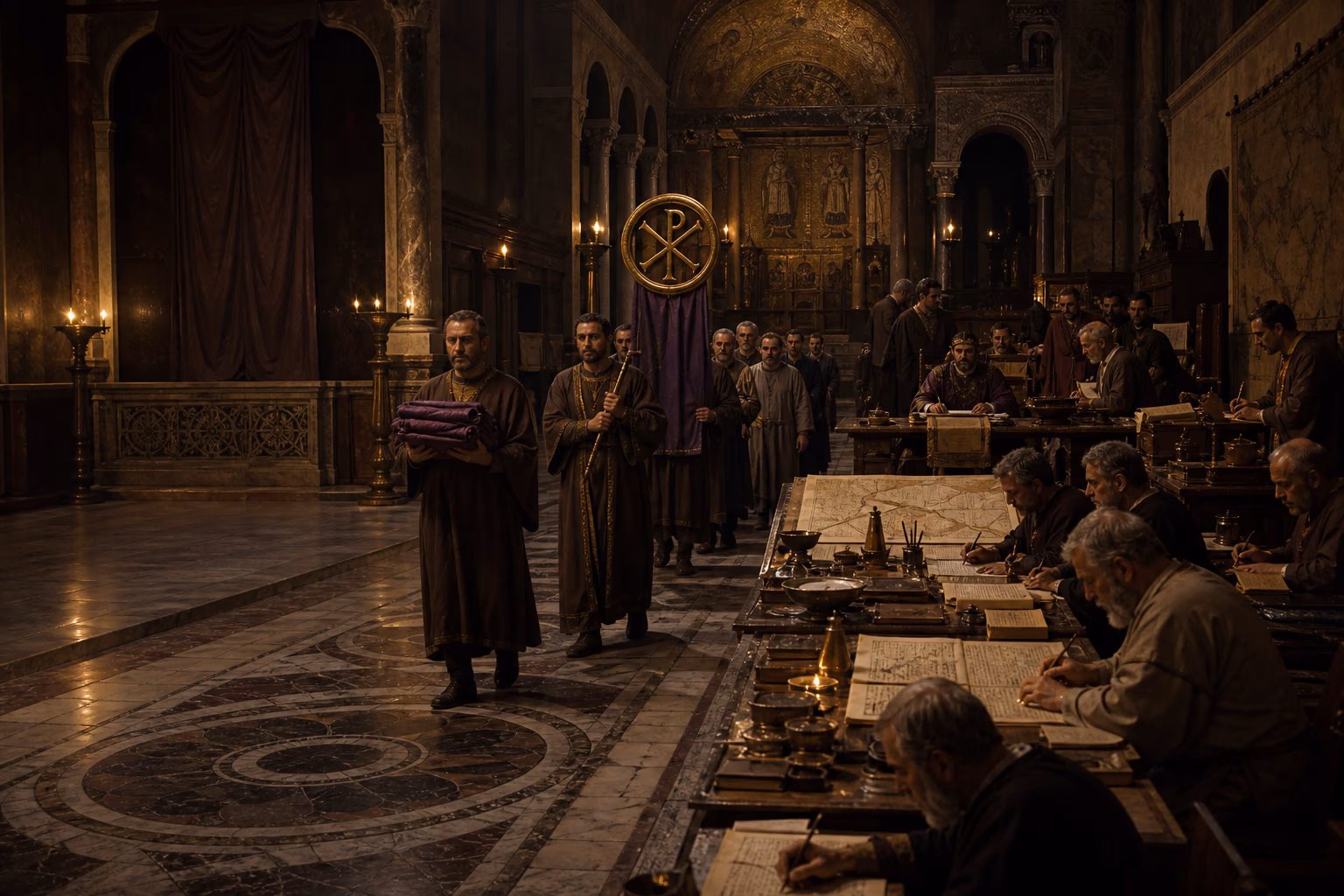 Western imperial standards are carried into a lamplit hall at Constantinople while the Roman emperor and officials continue their work.