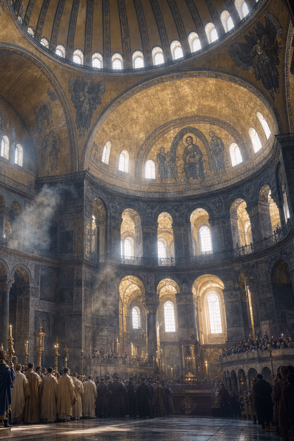 Hagia Sophia’s sixth-century dome floats above marble, incense and a Christian imperial procession in broken golden light.