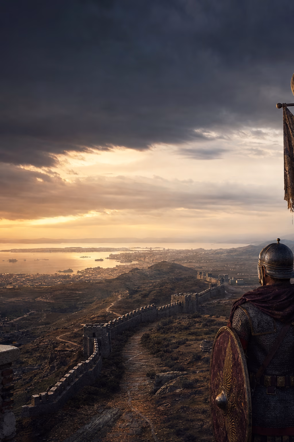 A weathered Roman standard overlooks restored Mediterranean harbours, ruined Italian walls and distant eastern fortresses at the end of Justinian’s reign.