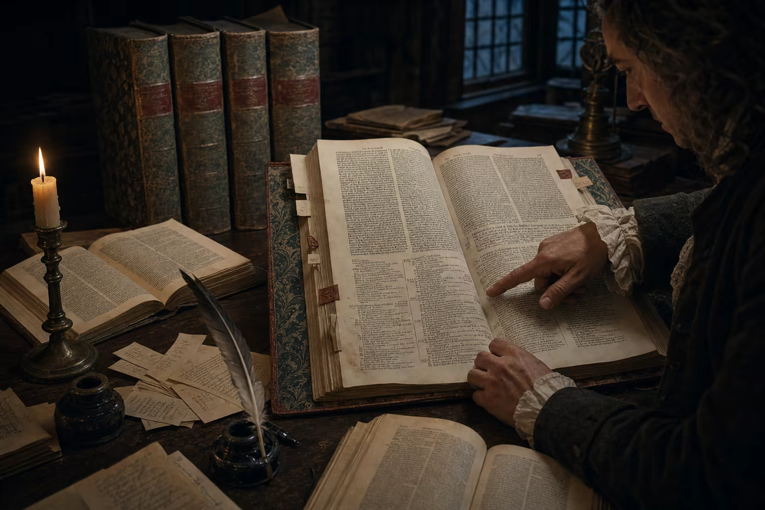 An authentic Bayle dictionary page opens across marbled boards as dense footnotes, citations and red reference tabs reveal the architecture beneath a short article.