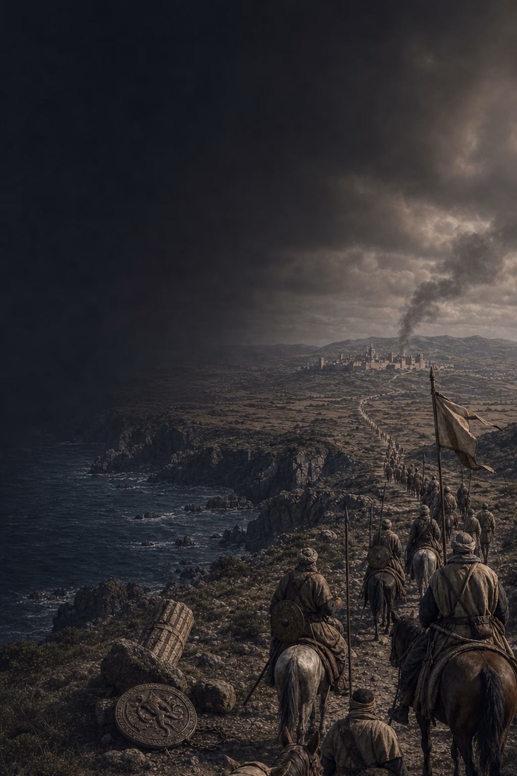 Umayyad cavalry and infantry advance along broken Visigothic roads from Gibraltar toward an abandoned royal seal and Toledo.