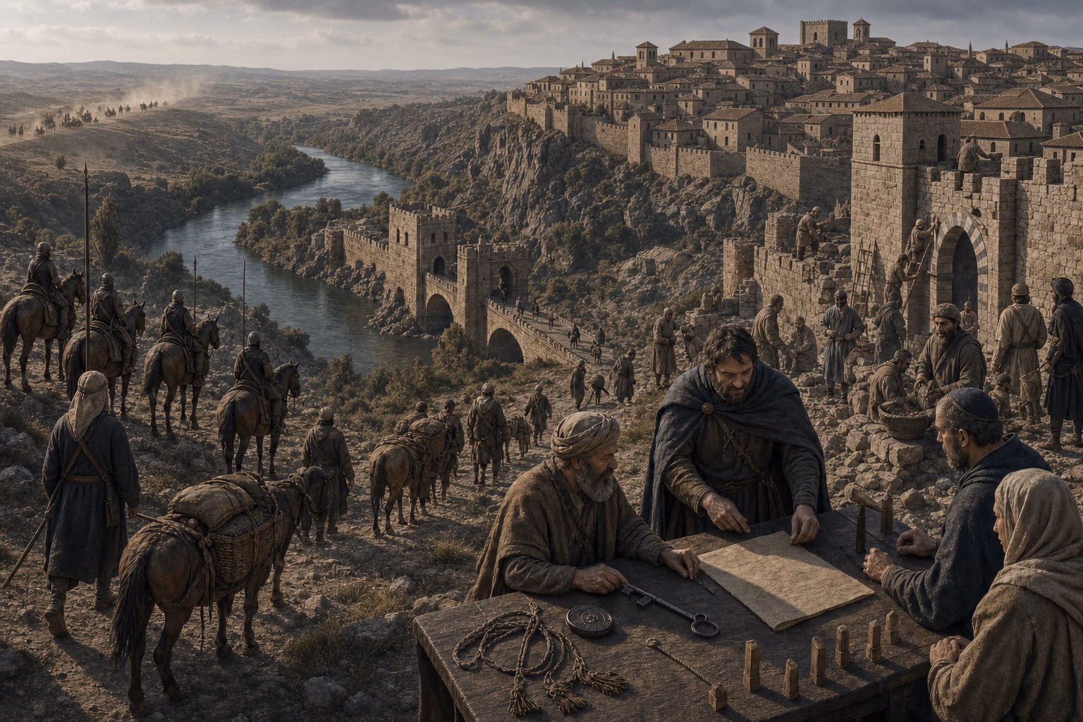 Toledo rises above the Tagus beside gate keys, a settlement charter and marked field allotments as North African routes approach from the south.