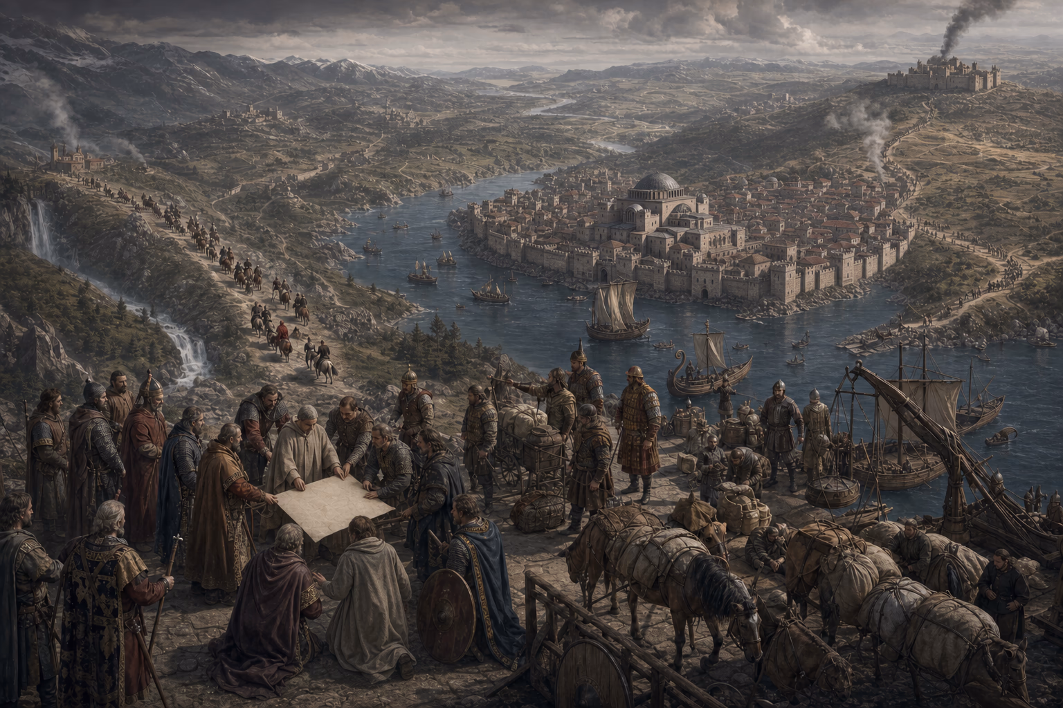 Four western crusading routes converge at Constantinople before continuing through the siege landscapes of Nicaea, Antioch and Jerusalem.
