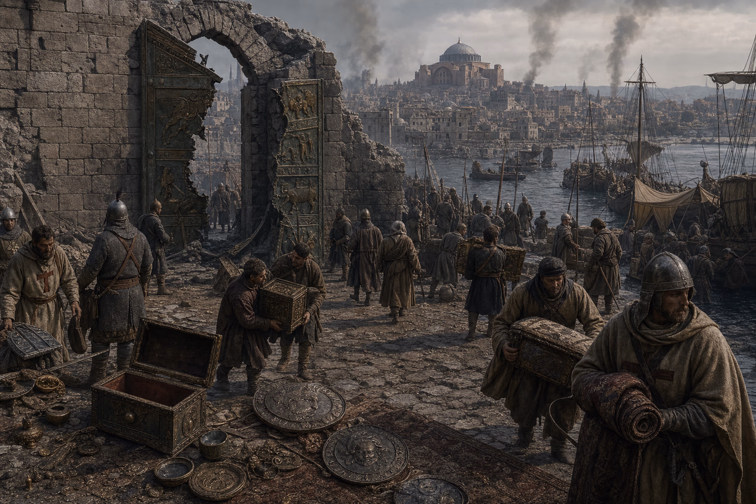 The breached sea wall of Constantinople opens onto stripped bronze doors and divided imperial seals, with Roman successor routes beyond.