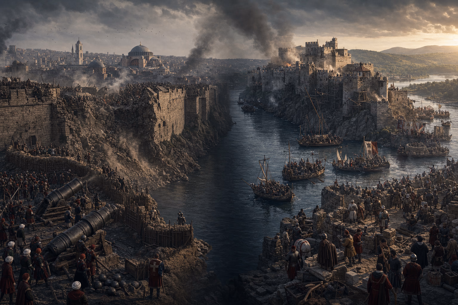 Paired fortress sections show Ottoman cannon breaching Constantinople and a river relief force reaching Belgrade at the Danube and Sava.