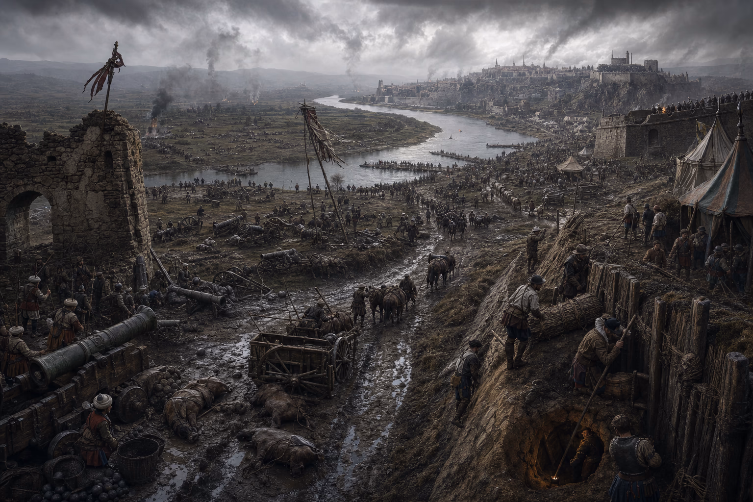 A Danube campaign table links the key of Belgrade, the broken Hungarian standard at Mohács, Buda and the earthworks of Vienna under rain.