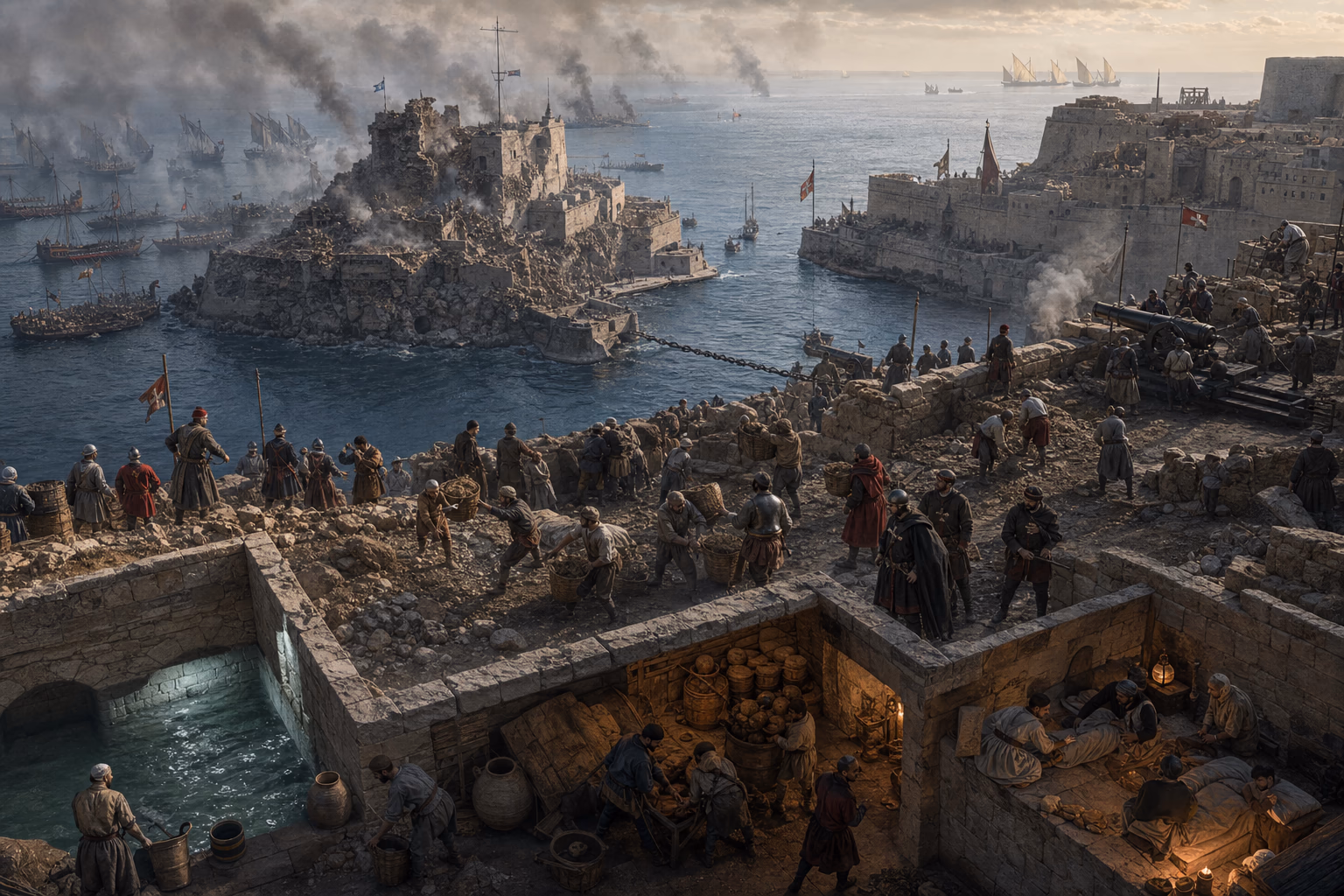 The harbour forts of St Elmo, Birgu and Senglea surround dark water beside a cistern, repaired breach and the approaching relief route from Sicily.