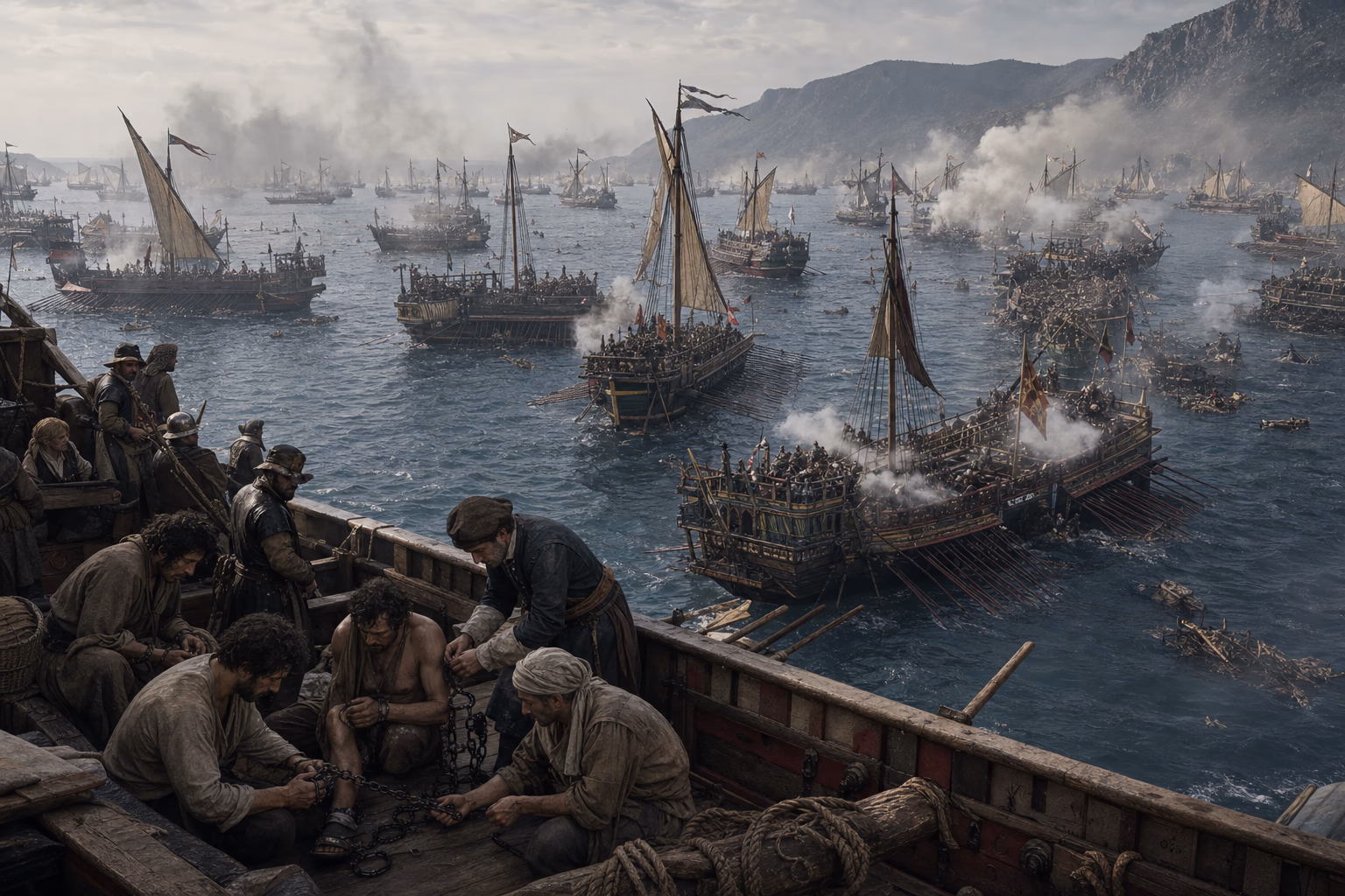 The Holy League centre, wings, reserve and galleasses close with the Ottoman fleet above the oar benches of newly freed captives.