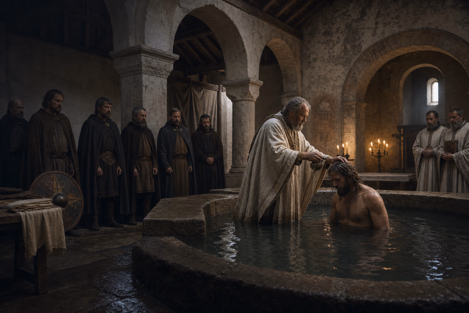 Clovis stands in a late-antique baptismal pool while Bishop Remigius performs the rite before a restrained Frankish retinue.
