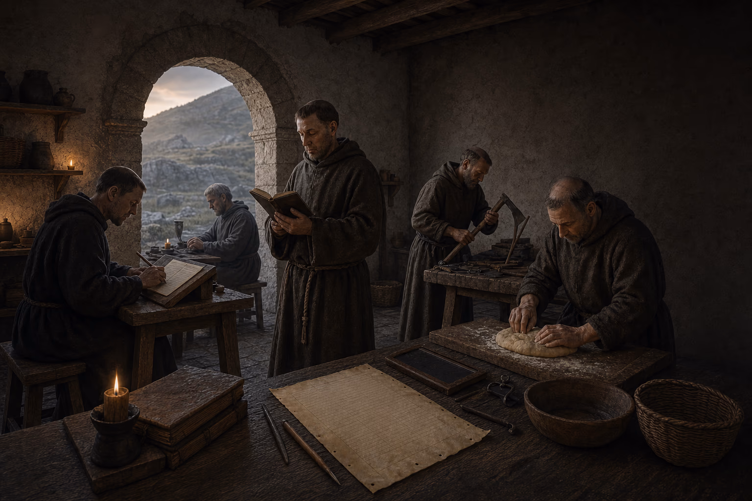 Monks read, copy a book, repair a tool and prepare bread in a modest sixth-century workshop at Monte Cassino.