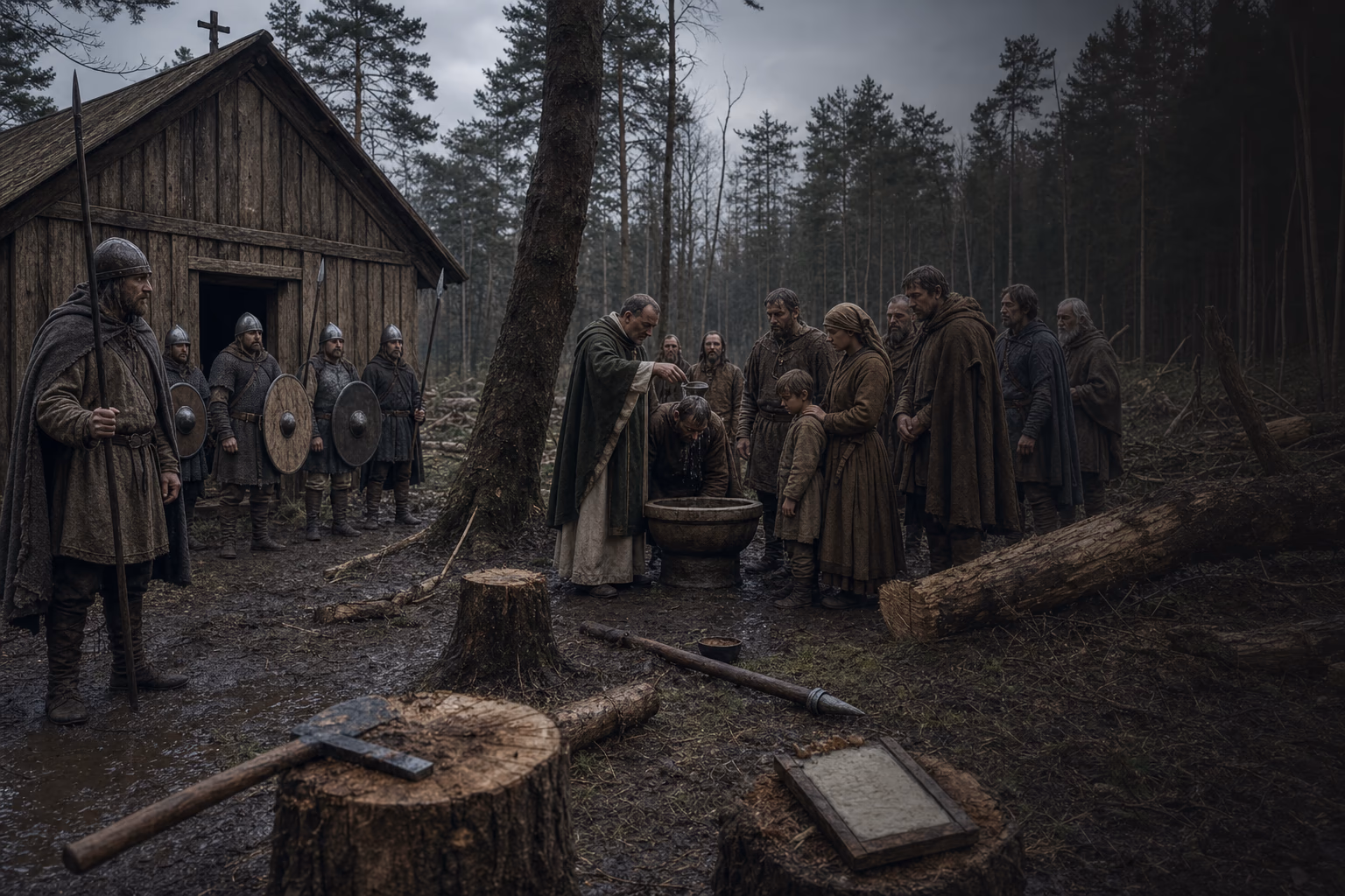 A guarded baptism and oath take place beside a timber church and a felled sacred grove on the Carolingian Saxon frontier.