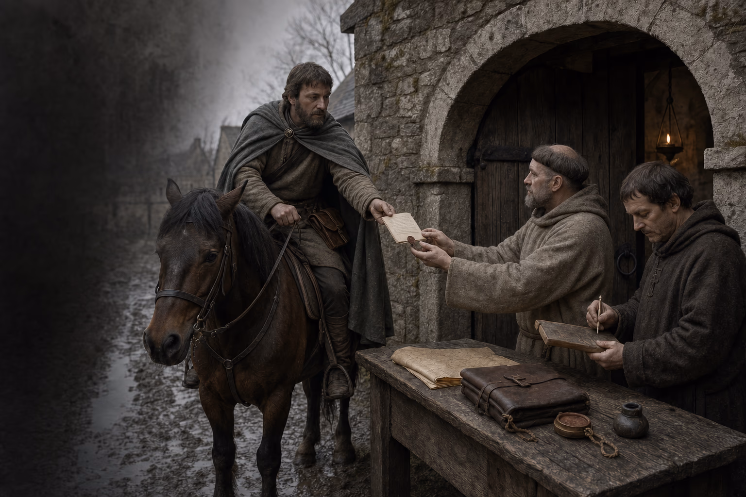 A mounted Carolingian messenger exchanges a sealed capitulary with a monastery scribe beside wax tablets and folded vellum.