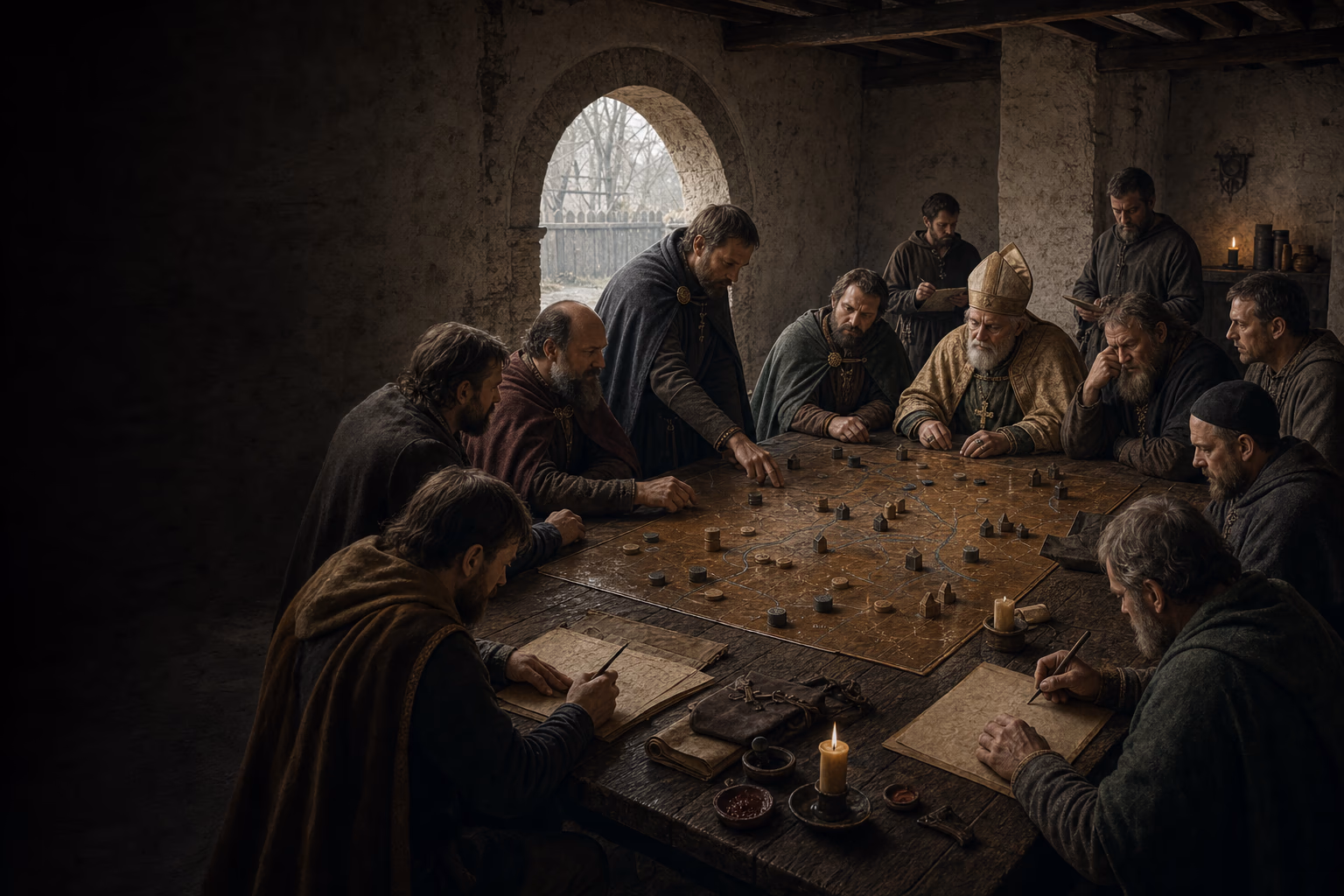 Three Carolingian delegations negotiate around a waxed board, parchment itinerary and estate counters at Verdun in 843.