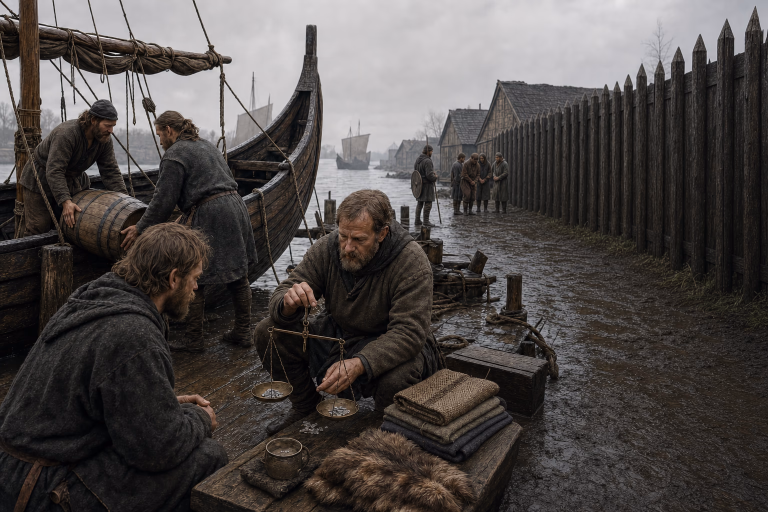 Scandinavian merchants unload scales, silver and fur at a river quay watched by guards beside a repaired palisade.