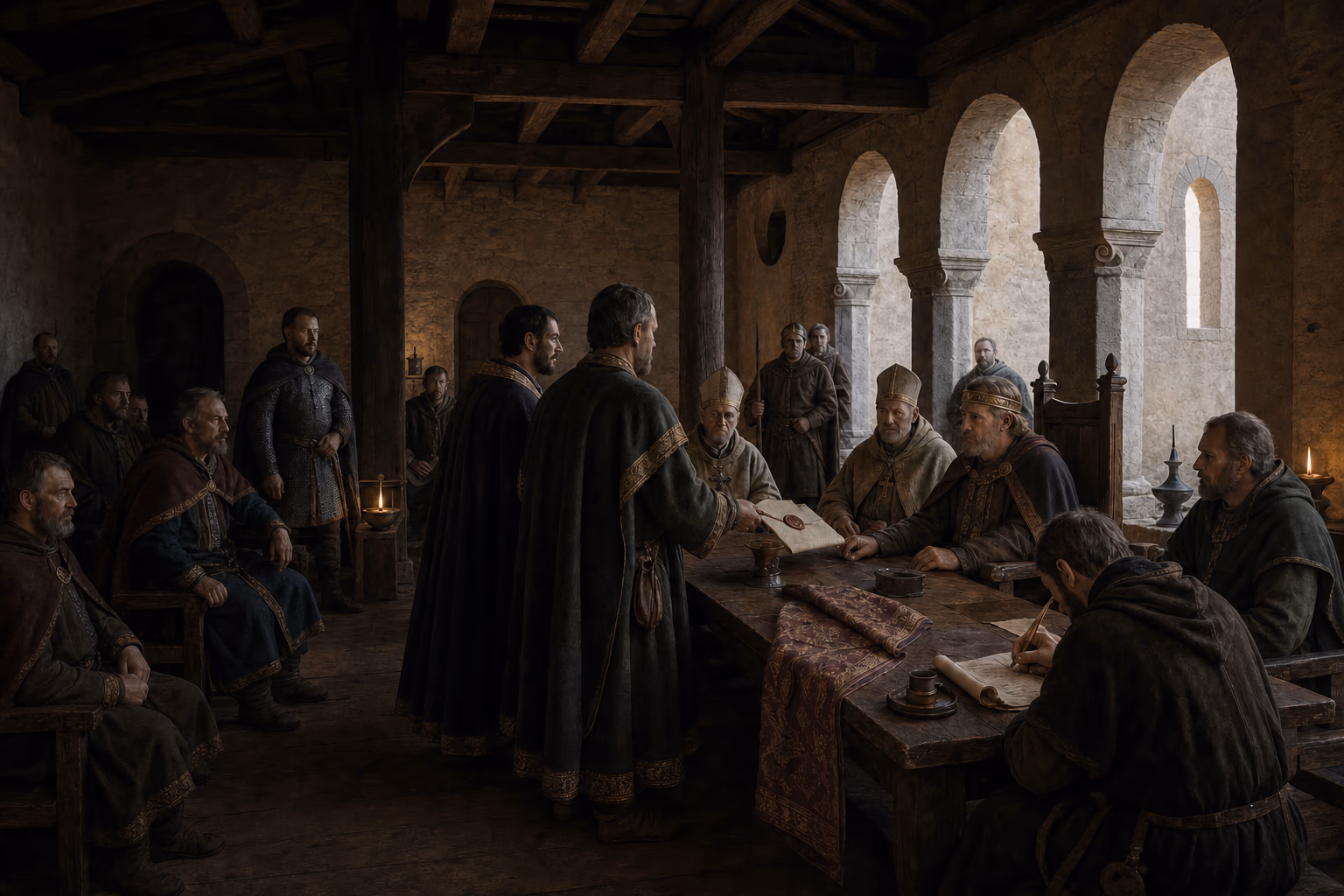 Otto I receives envoys in a tenth-century Saxon palace church complex where a sealed document and Byzantine silk mark diplomatic connection.