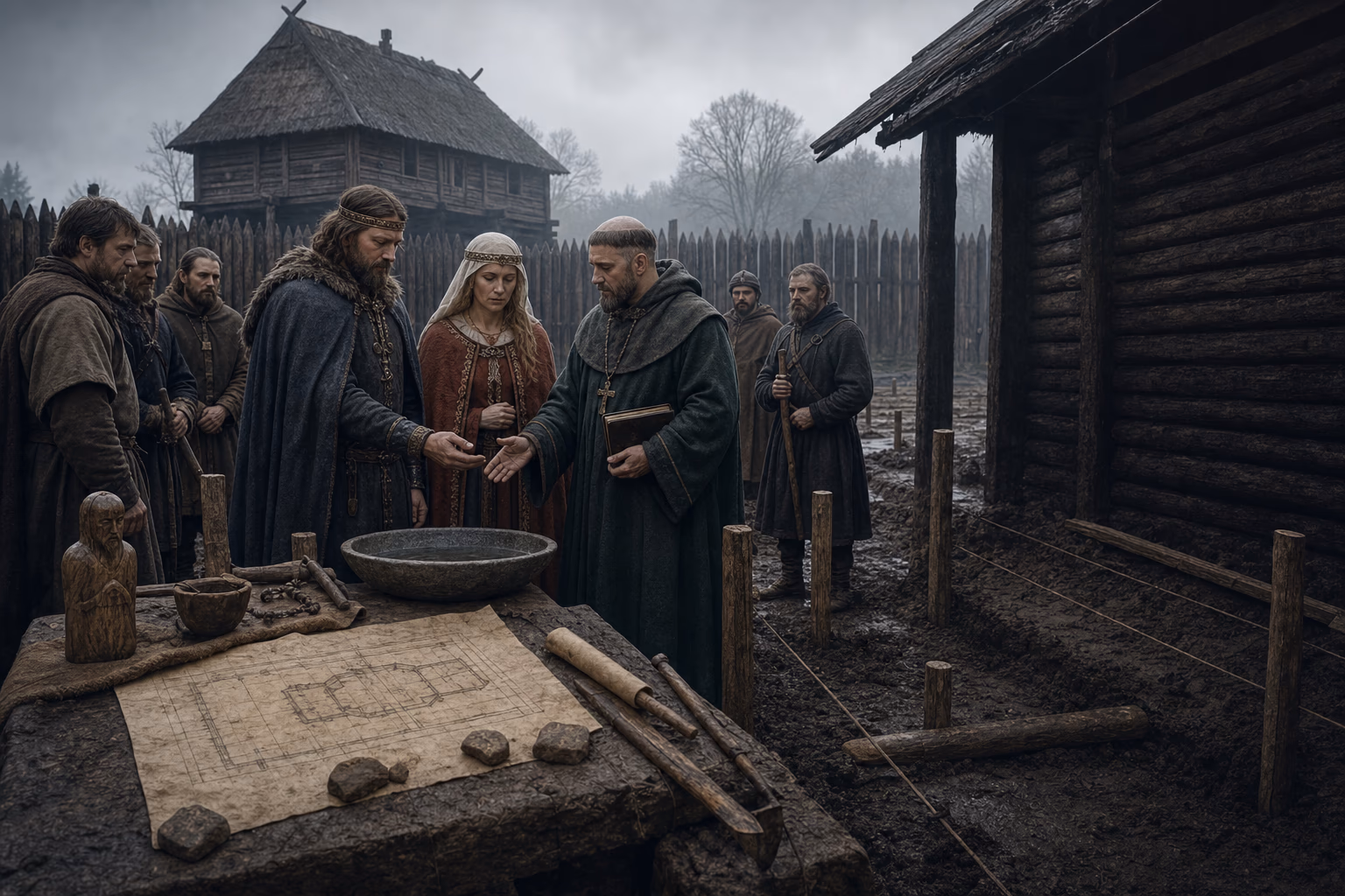 A central European ruler, spouse, cleric and local elites gather beside a timber church foundation, baptismal basin and building plan.