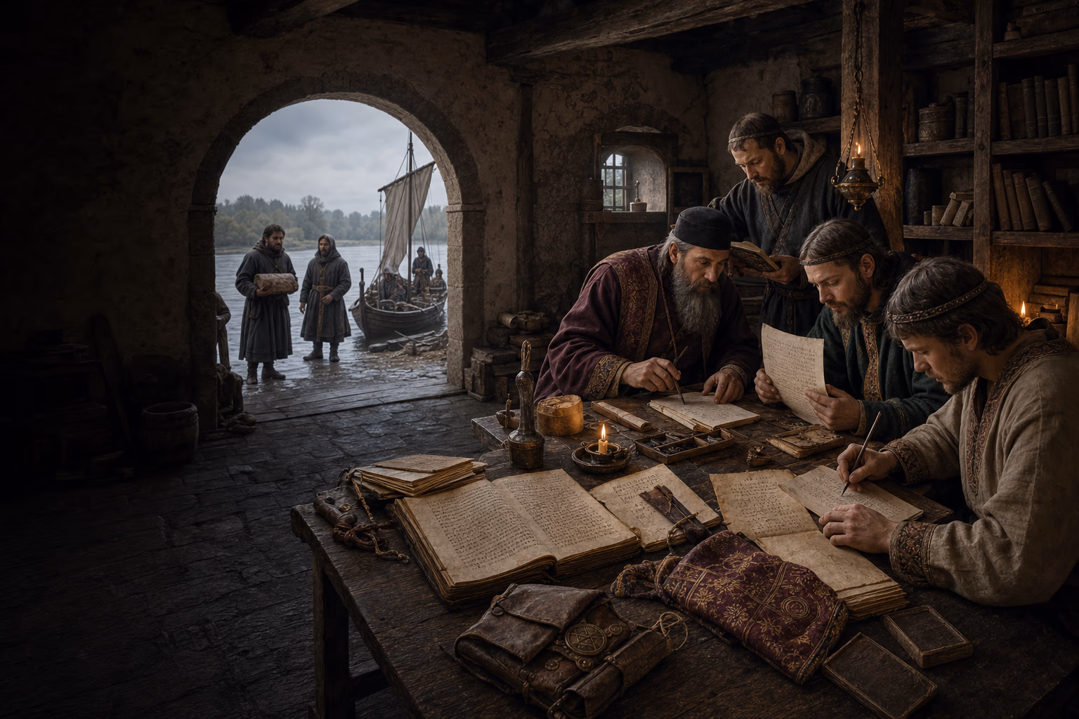 Byzantine-trained clergy and Slavic scribes prepare liturgical books as river travellers arrive at a tenth-century eastern European court.