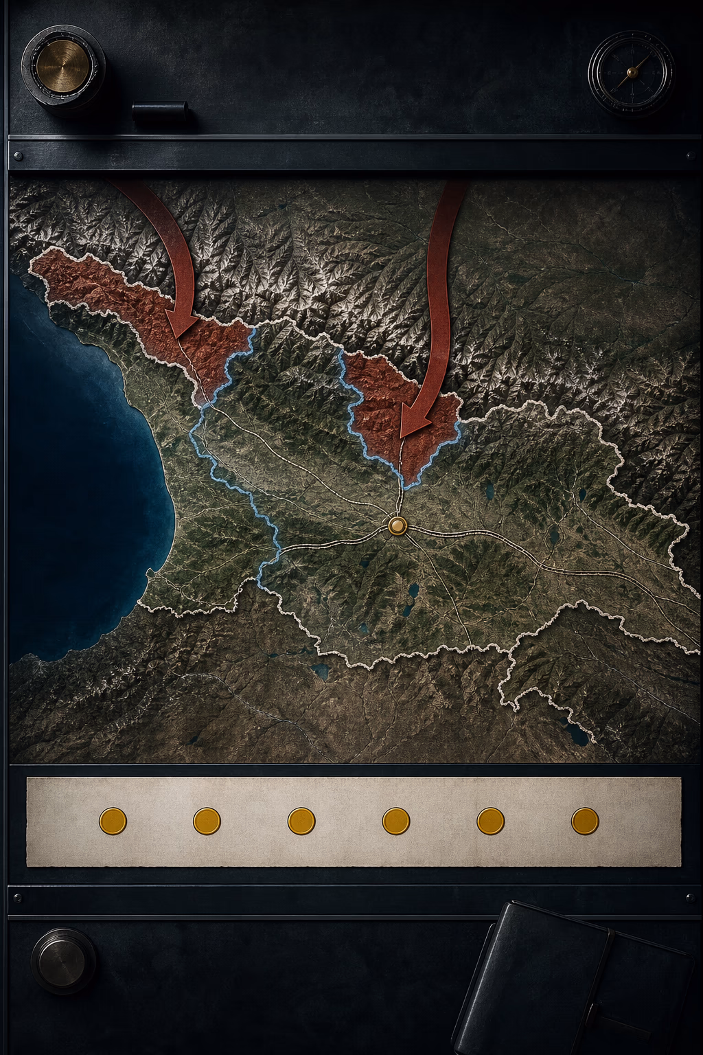 An iron-red Russian advance cuts across a midnight map of Georgia toward Gori beside the six-point ceasefire route and the monitoring boundary.