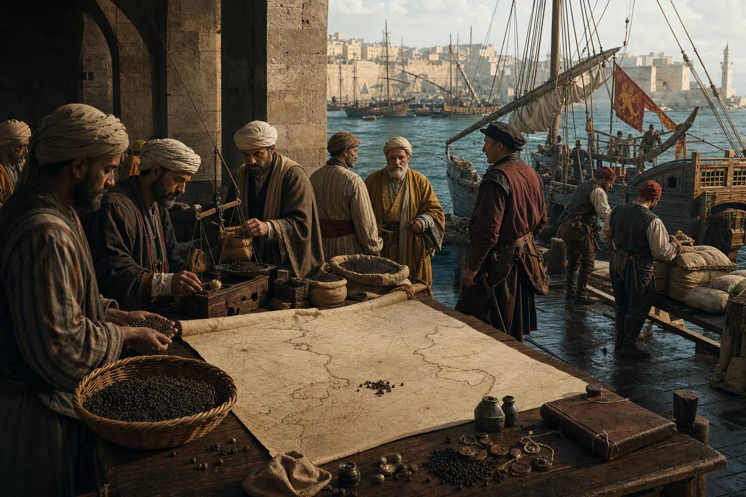 Pepper passes through Red Sea, Cairo, Alexandria and Venetian hands while a Lisbon price book records the accumulated cost.
