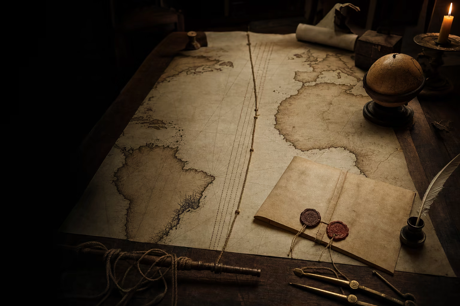 The Treaty of Tordesillas lies over an incomplete globe as Cabral's landfall adds the coast of Brazil.